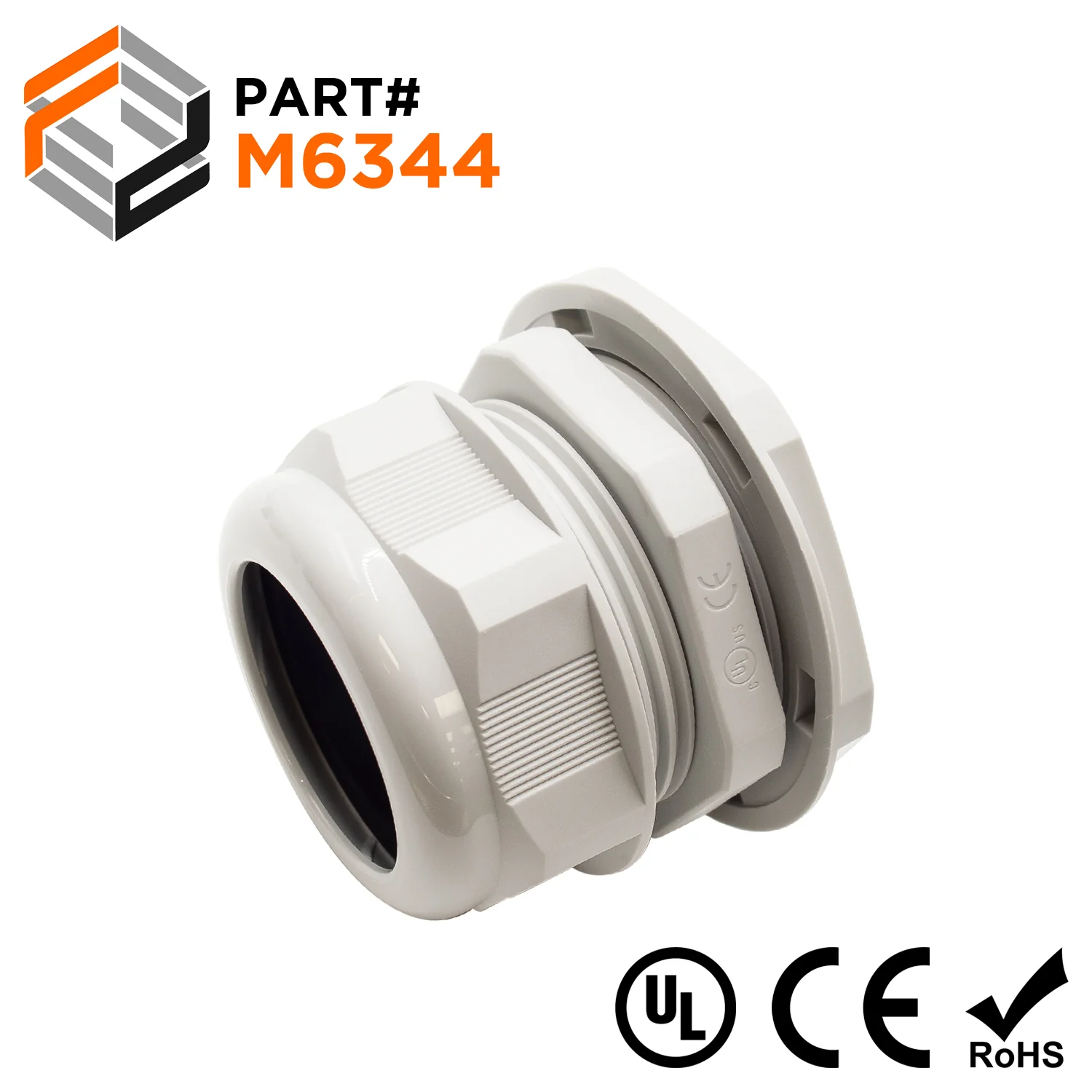M6344GY - M63 x 1.5mm Metric Thread Nylon Cable Gland, Gray, Range: 1-7/16" to 1-3/4", UL Recognized, IP68