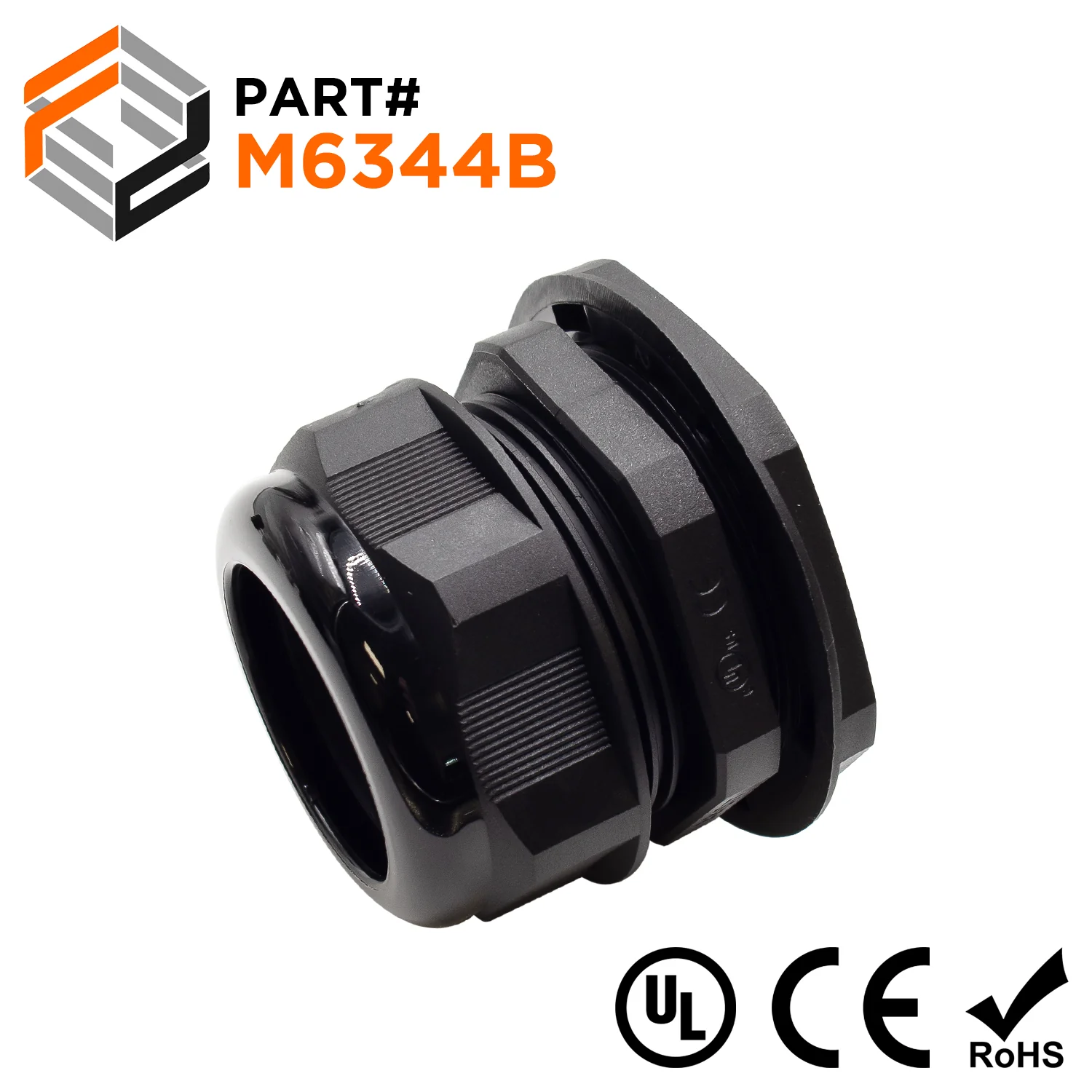 M6344B - M63 x 1.5mm Metric Thread Nylon Cable Gland, Black, Range: 1-7/16" to 1-3/4", UL Recognized, IP68