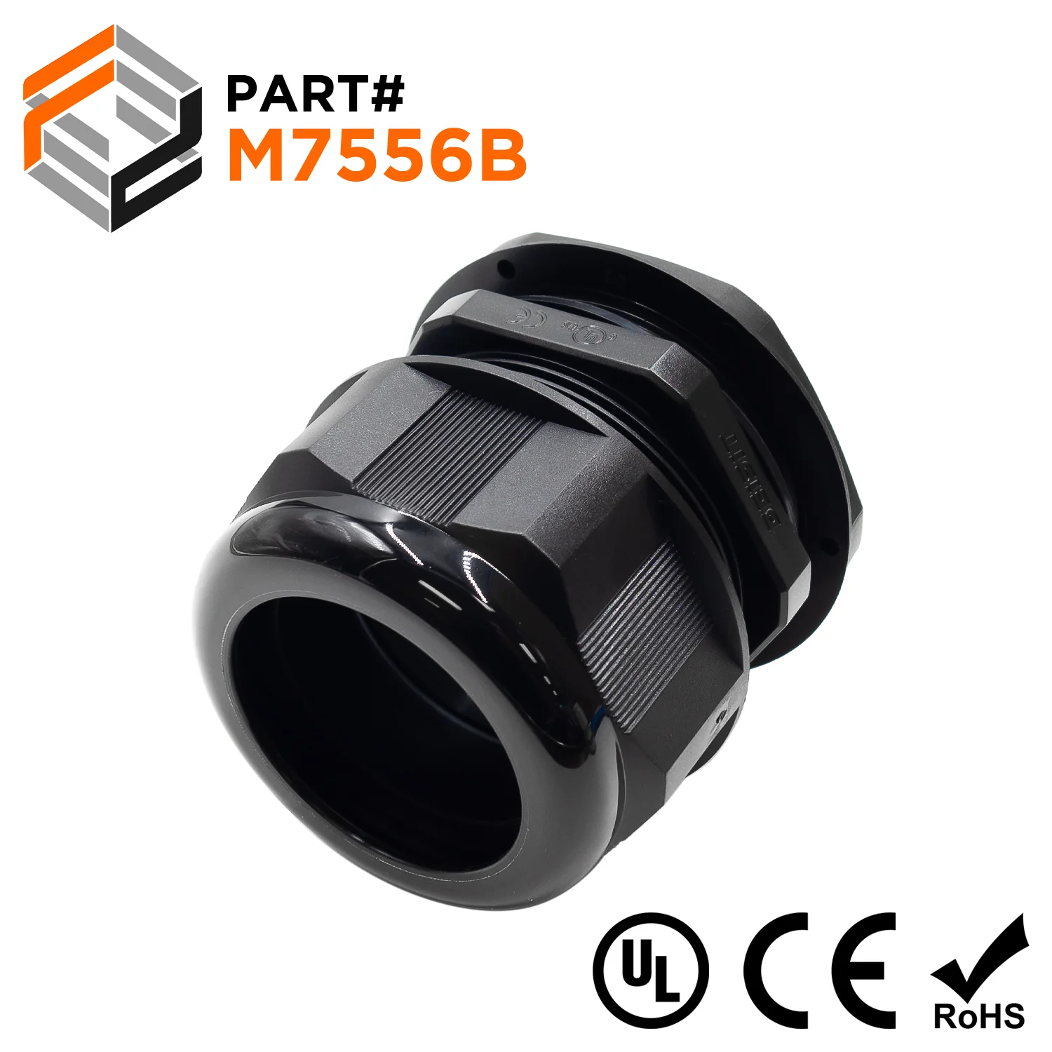 M7556B - M75 x 2mm Metric Thread Nylon Cable Gland, Black, Range: 1-7/8" to 2-3/16", UL Recognized, IP68, 1 Piece