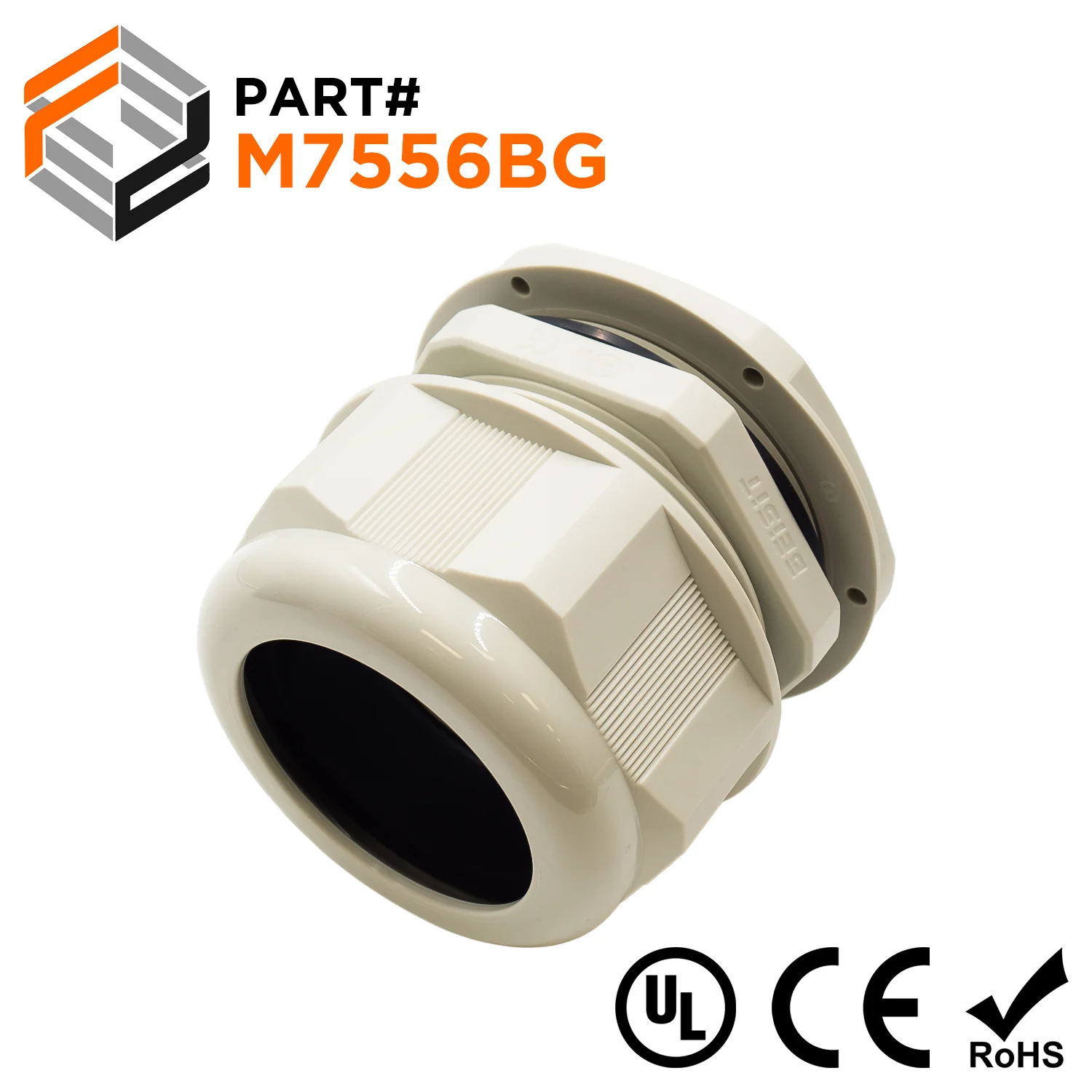 M7556BG - M75 x 2mm Metric Thread Nylon Cable Gland, Beige, Range: 1-7/8" to 2-3/16", UL Recognized, IP68
