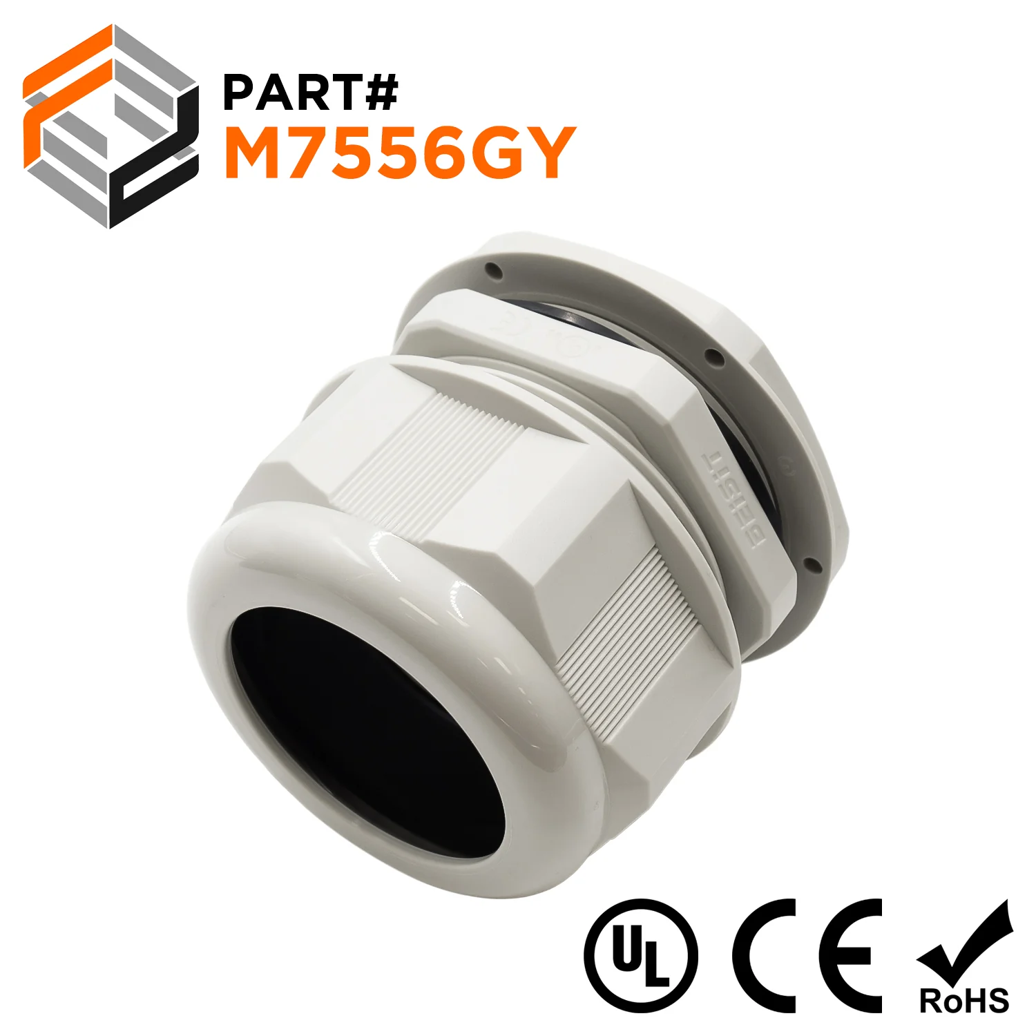 M7556GY - M75 x 2mm Metric Thread Nylon Cable Gland, Gray, Range: 1-7/8" to 2-3/16", UL Recognized, IP68, 1 Piece