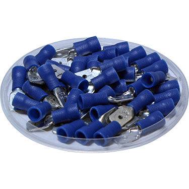 MDD2-187(5) - 16 to 14 AWG Vinyl PVC Insulated Quick Disconnects, Male, Fully Insulated, Double Crimp, Blue, 100 Pieces
