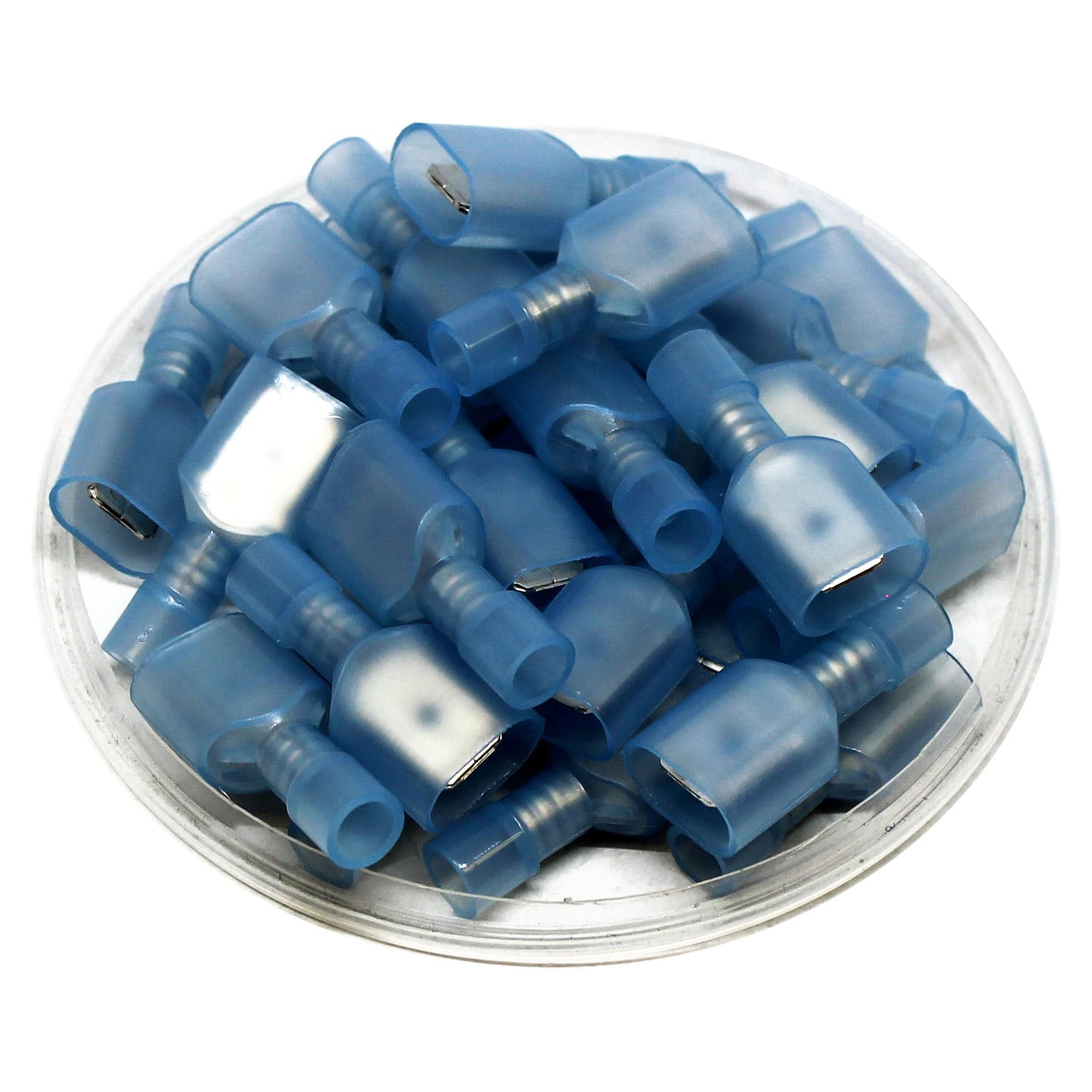 MDFN2-250 - 16 to 14 AWG Nylon Insulated Quick Disconnects, Male, Fully Insulated, Blue, 100 Pieces