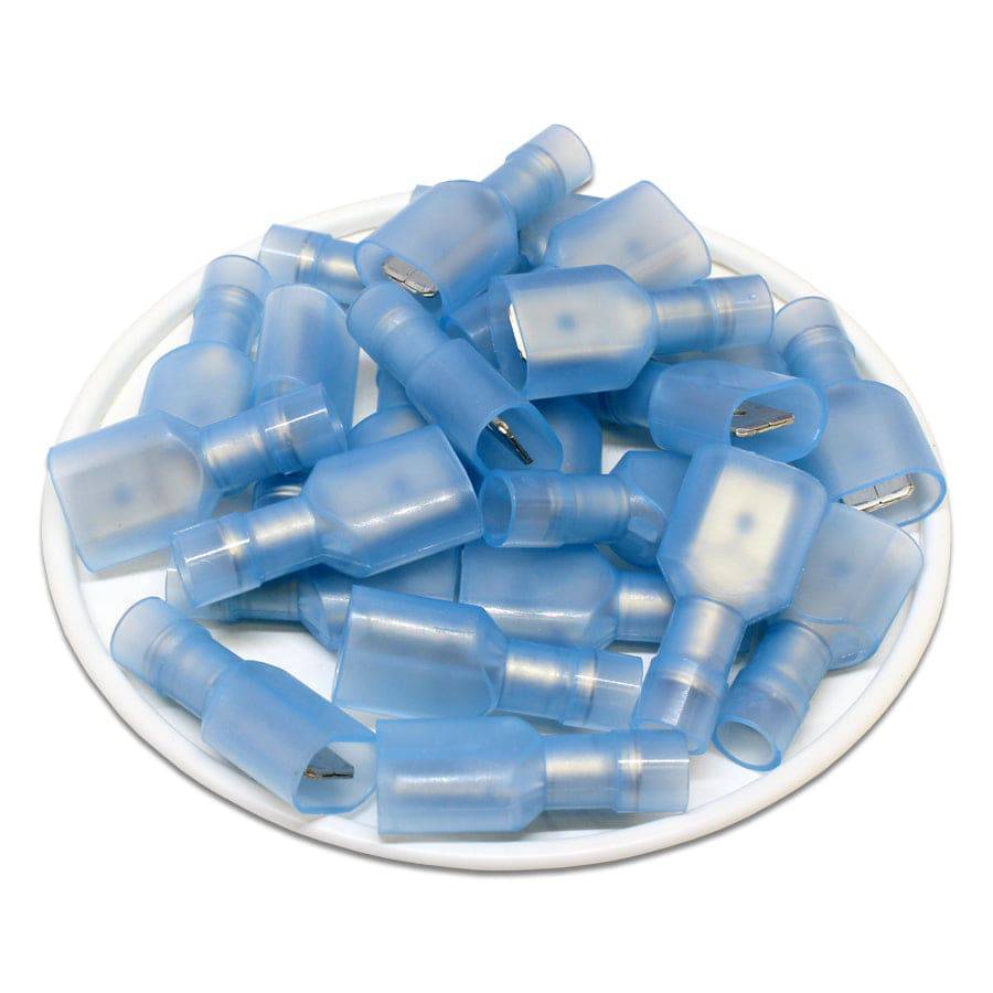 MDFNYD2-250 - 16 to 14 AWG Nylon Insulated Quick Disconnects, Male, Fully Insulated, Double Crimp, 100 Pieces