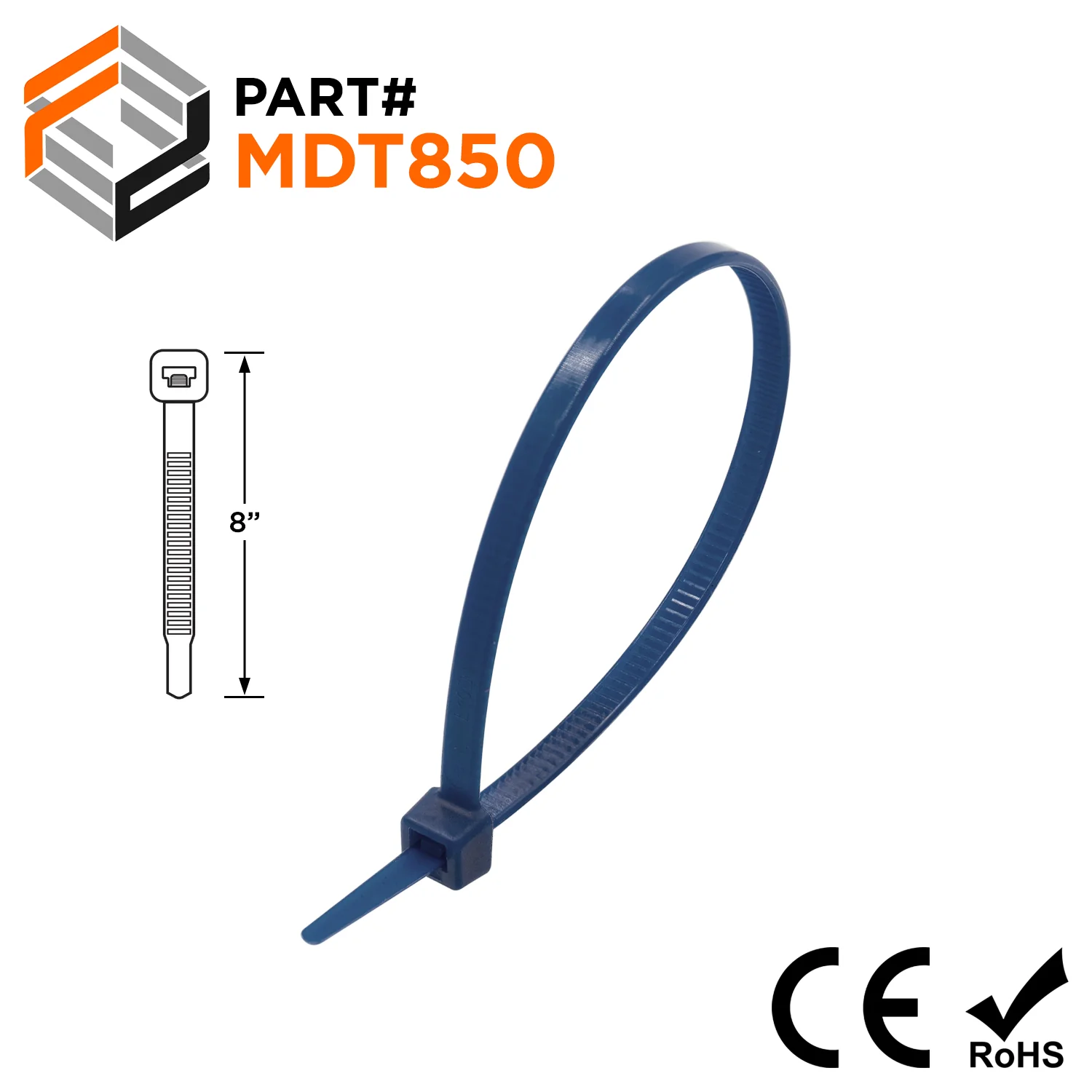 MDT850 - 8" Metal Detectable Cable Ties, 50-lb Tensile Strength, Teal/Blue, 100-Pack