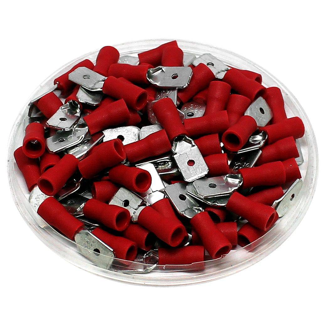 MDV1-250 - 22 to 16 AWG Vinyl PVC Insulated Quick Disconnects, Male, Red, 100 Pieces
