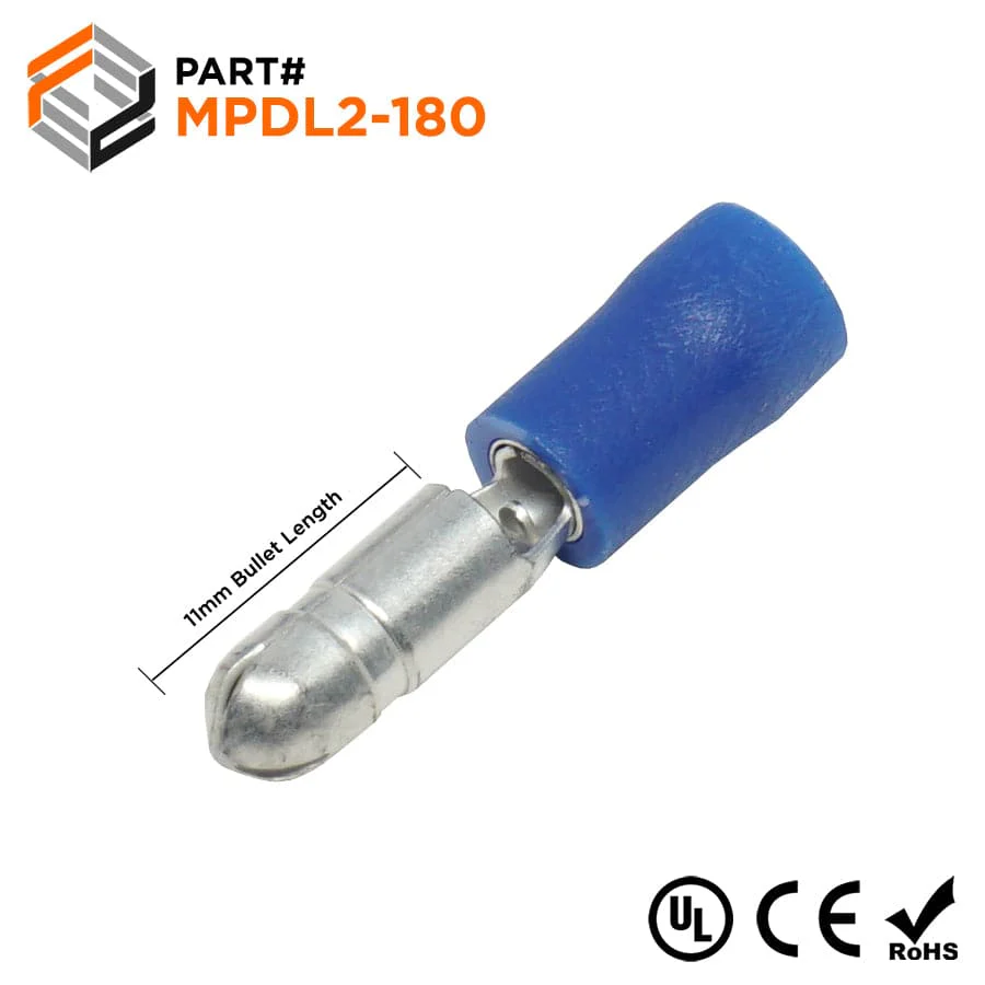 MPDL2-180 - 16 to 14 AWG Vinyl PVC Insulated Male Bullet Connectors, Double Crimp, 100 Pieces