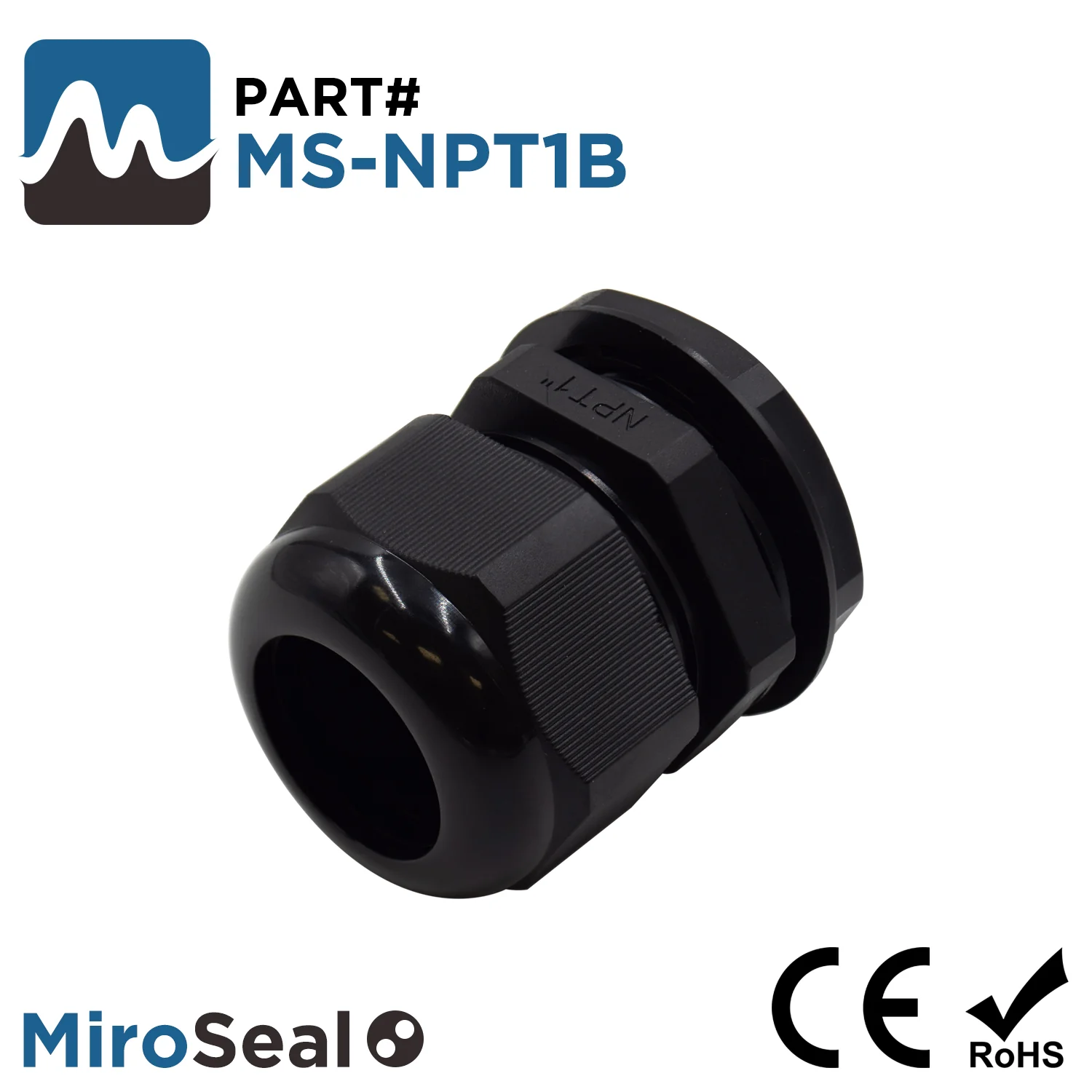 MS-NPT1B - MiroSeal 1" NPT Thread Nylon Cable Gland, Black, IP68, 18-25mm Range, 1 Piece