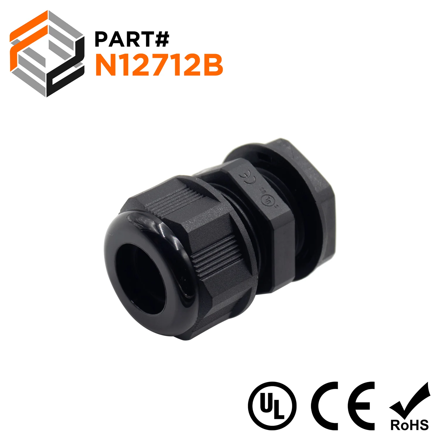 N12712B - 1/2" NPT Thread Nylon Cable Gland, Black, Range: 1/4" to 1/2", UL Listed, IP68, IP69K - 1 Piece
