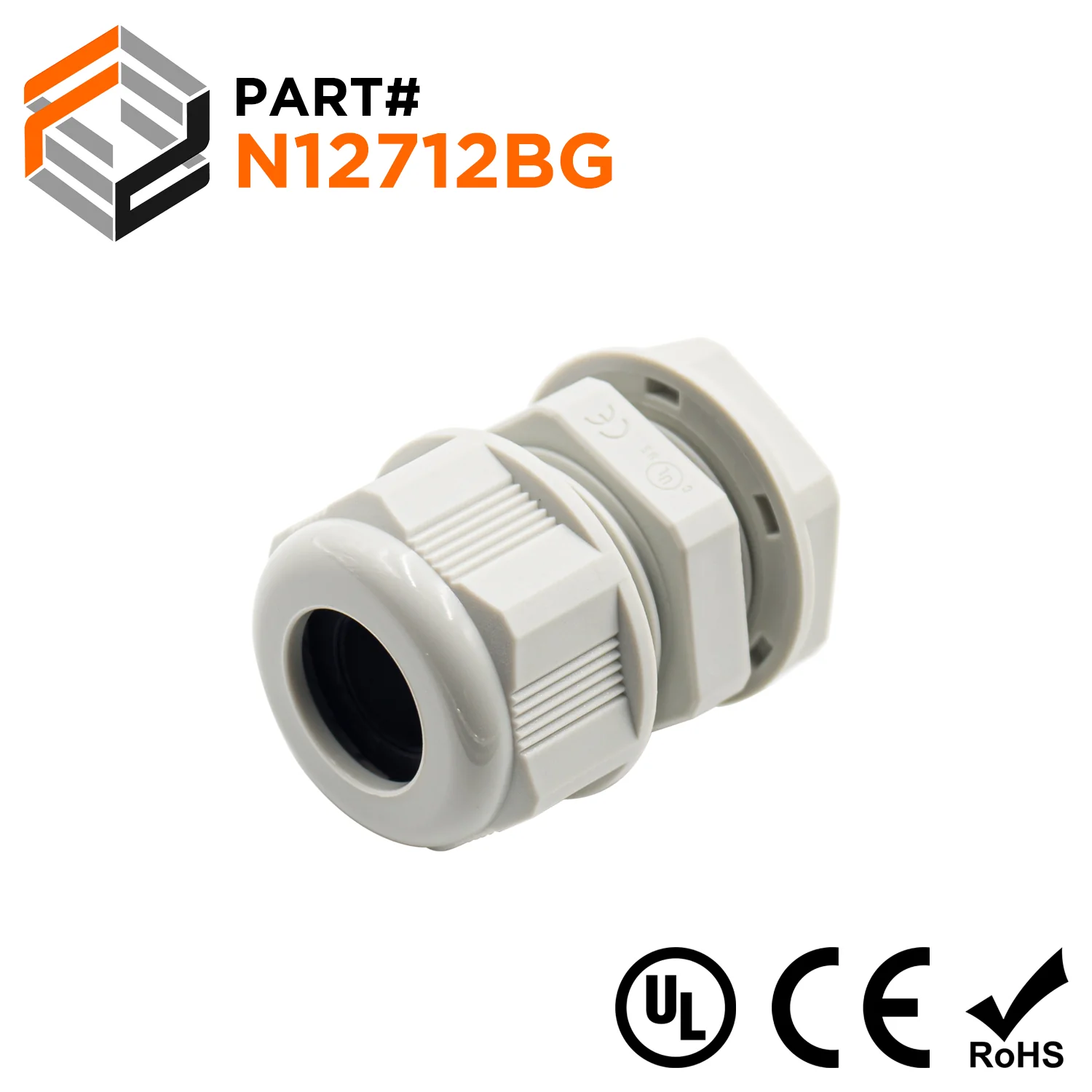 N12712BG - 1/2" NPT Thread Nylon Cable Gland, Beige, Range: 1/4" to 1/2", UL Listed, IP68, IP69K - 1 Piece