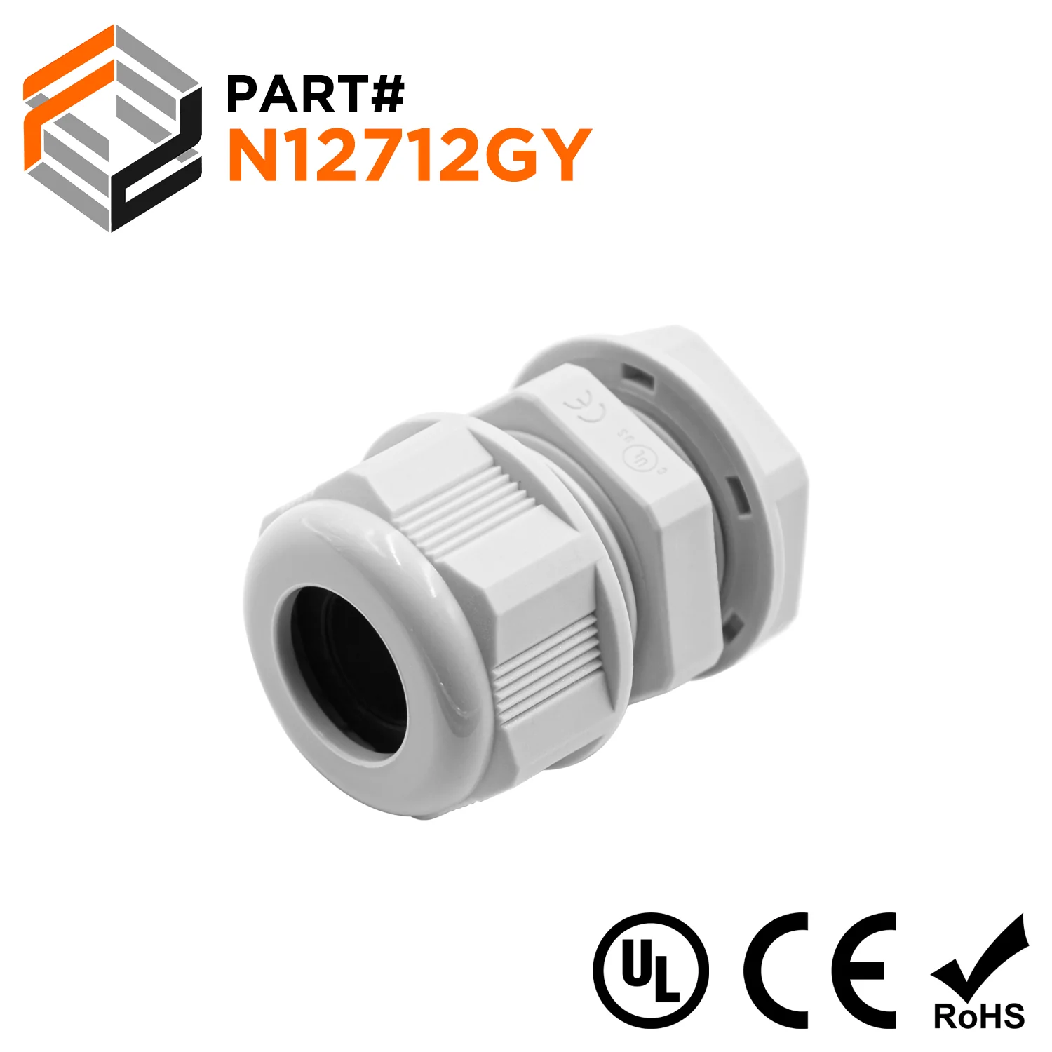 N12712GY - 1/2" NPT Thread Nylon Cable Gland, Gray, Range: 1/4" to 1/2", UL Listed, IP68, IP69K - 1 Piece