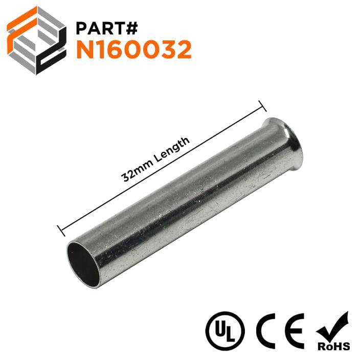 N160032 - 6 AWG Non Insulated Wire Ferrules, 32mm Pin, UL Recognized, 250 Pieces