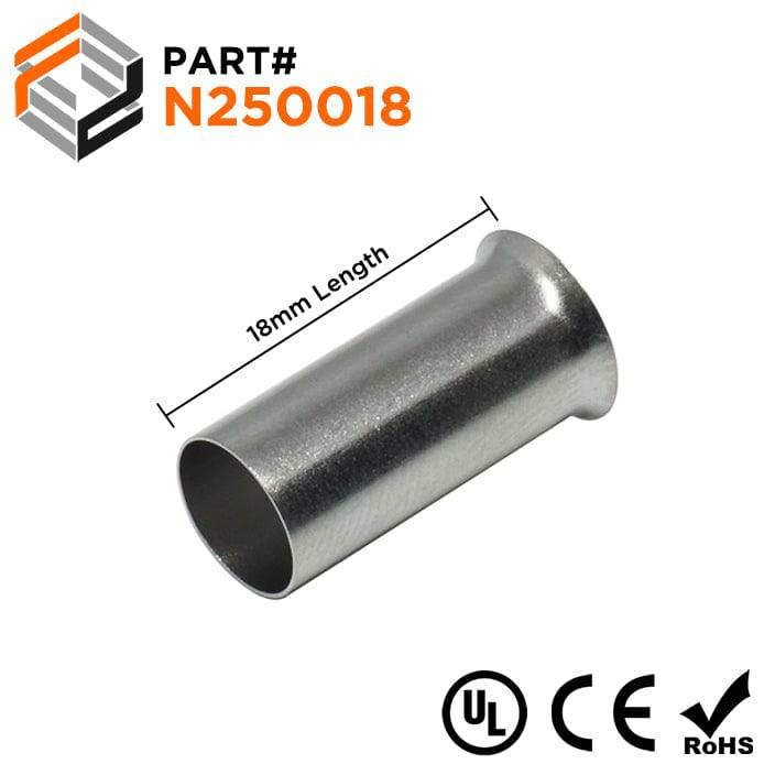 N250018 - 4 AWG Non Insulated Wire Ferrules, 18mm Pin, UL Recognized, 100 Pieces