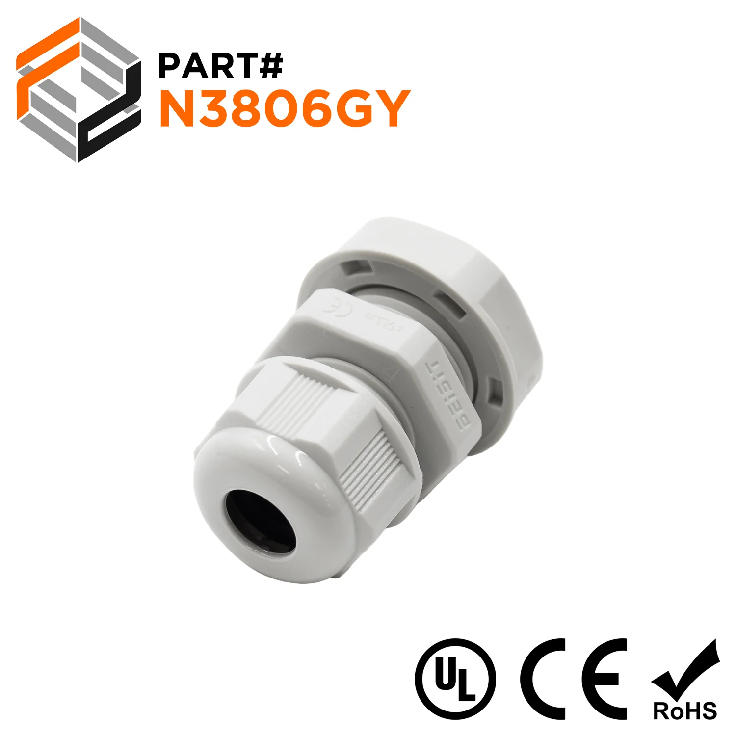 N3806 - 3/8" NPT Thread Nylon Cable Gland, Gray, Range: 1/16" to 1/4", UL Listed, IP68, IP69K - 1 Piece