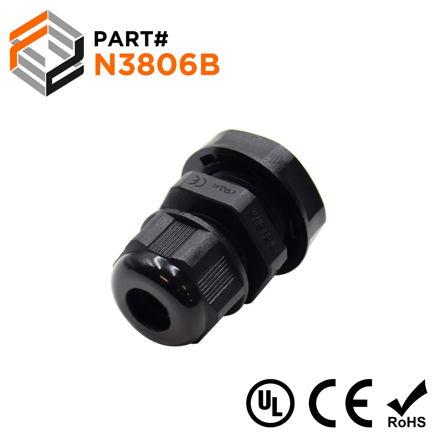 N3806B - 3/8" NPT Thread Nylon Cable Gland, Black, Range: 1/16" to 1/4", UL Listed, IP68, IP69K - 1 Piece