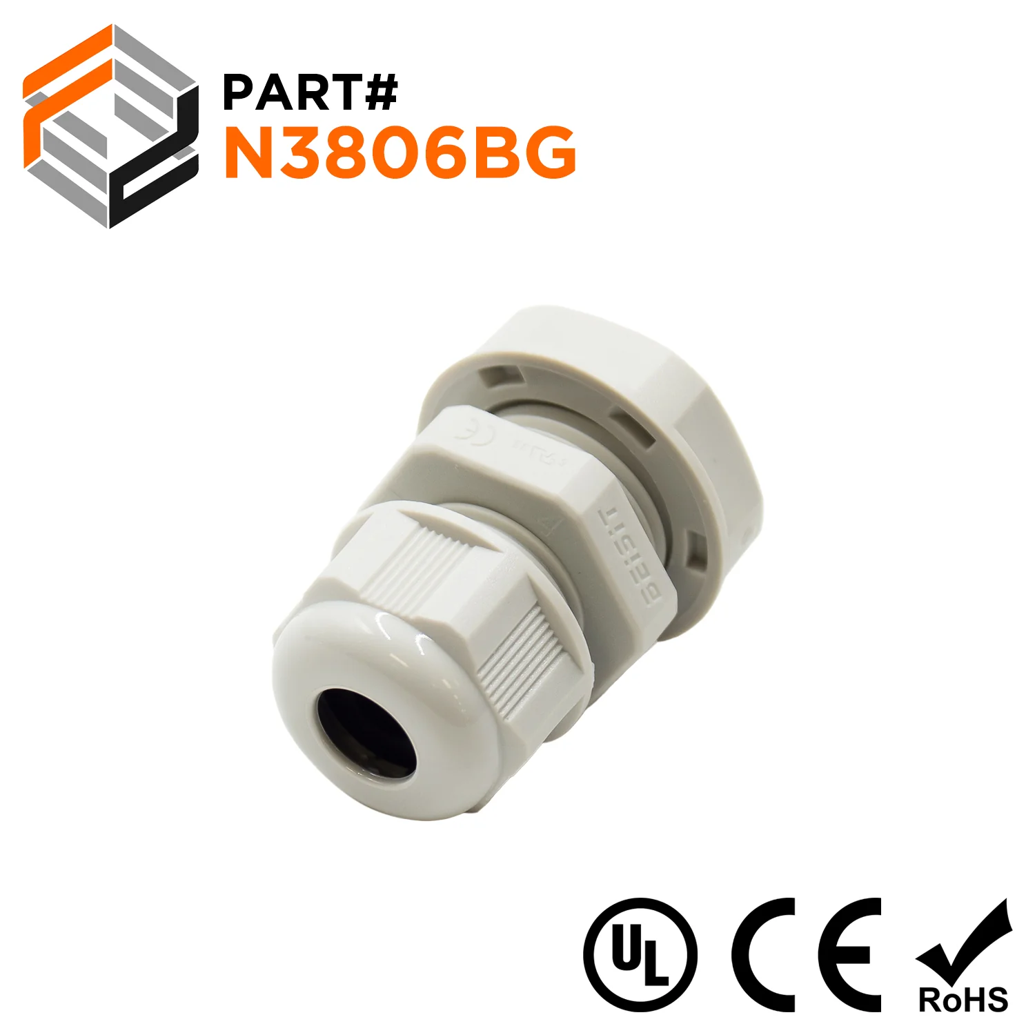 N3806BG - 3/8" NPT Thread Nylon Cable Gland, Beige, Range: 1/16" to 1/4", UL Listed, IP68, IP69K - 1 Piece