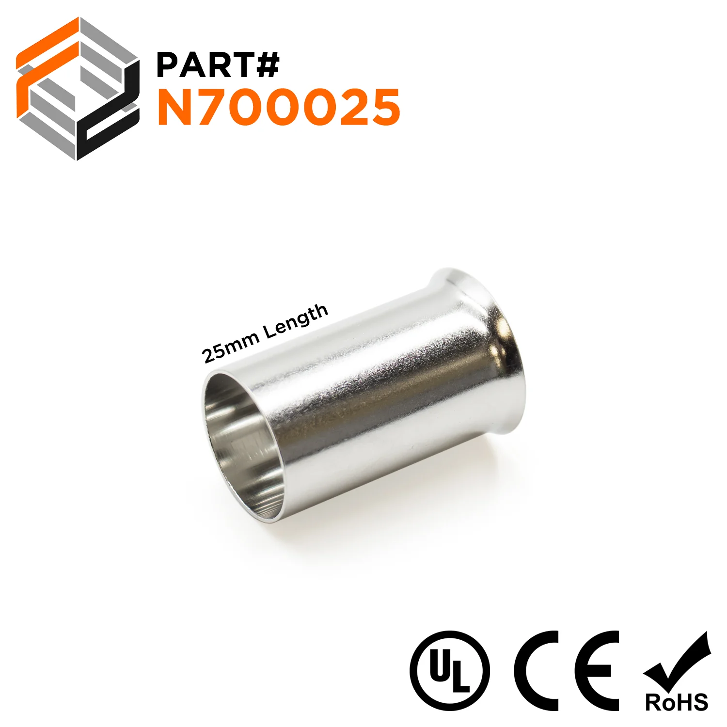 N700025 - 2/0 AWG Non Insulated Wire Ferrules, 25mm Pin, UL Recognized, 50 Pieces
