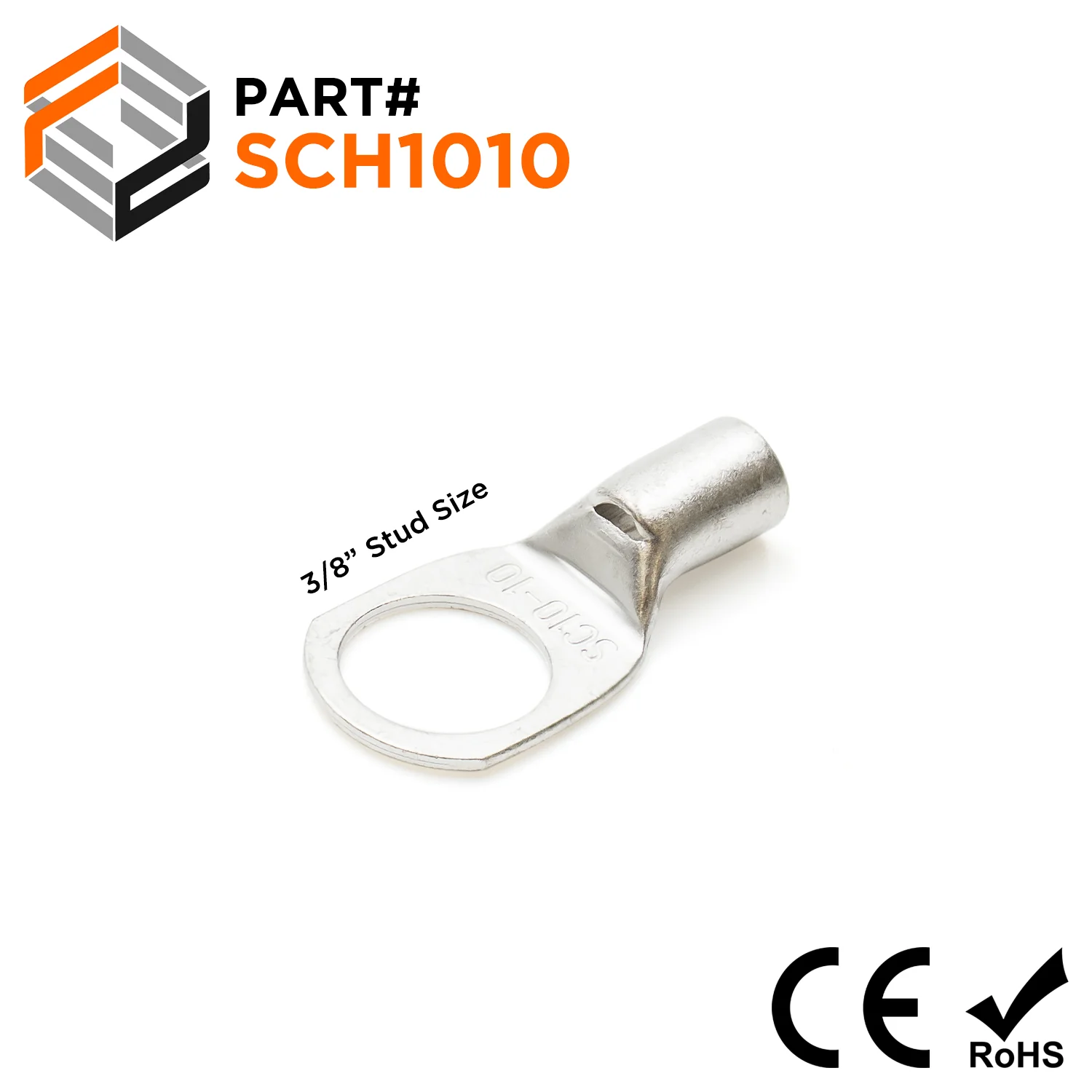 SCH1010 - 8 AWG Non Insulated Tubular Ring Lug, 3/8" Stud, 50 Pieces