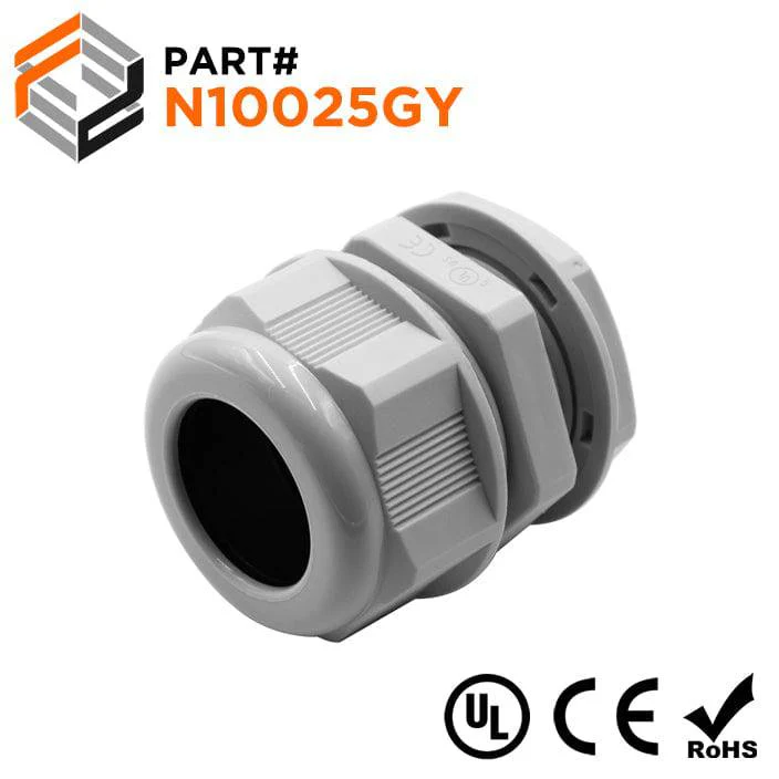 N10025GY - 1" NPT Thread Nylon Cable Gland, Gray, Range: 11/16" to 1", UL Listed, IP68, IP69K - 1 Piece