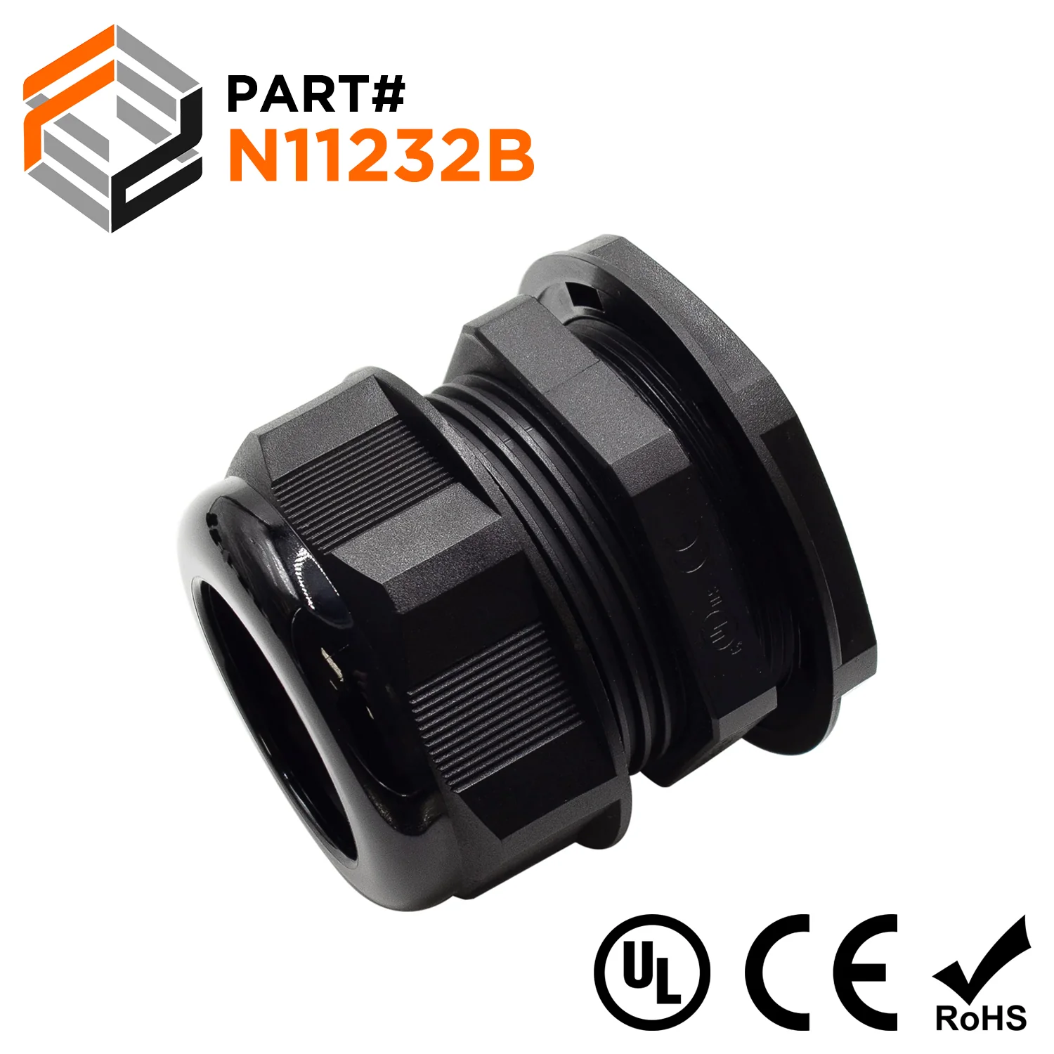 N11232B - 1 1/2" NPT Thread Nylon Cable Gland, Black, Range: 7/8" to 1-1/4", UL Listed, IP68, IP69K - 1 Piece