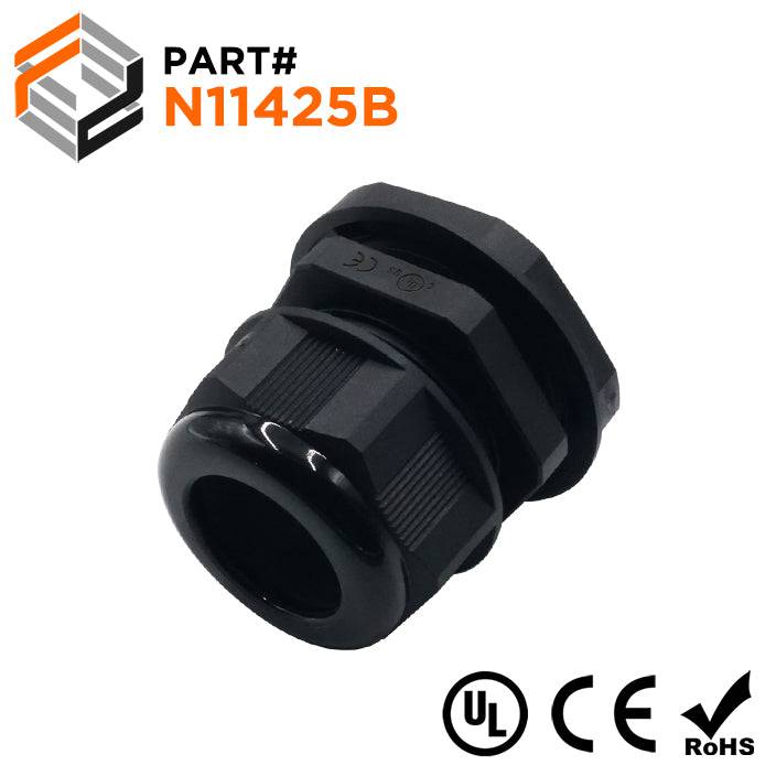 N11425B - 1 1/4" NPT Thread Nylon Cable Gland, Black, Range: 11/16" to 1", UL Listed, IP68, IP69K - 1 Piece