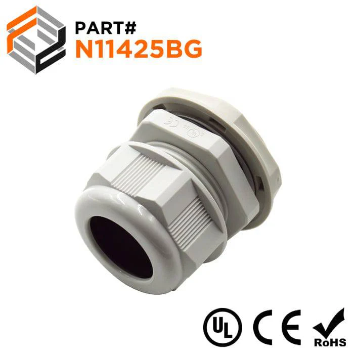 N11425BG - 1 1/4" NPT Thread Nylon Cable Gland, Beige, Range: 11/16" to 1", UL Listed, IP68, IP69K - 1 Piece