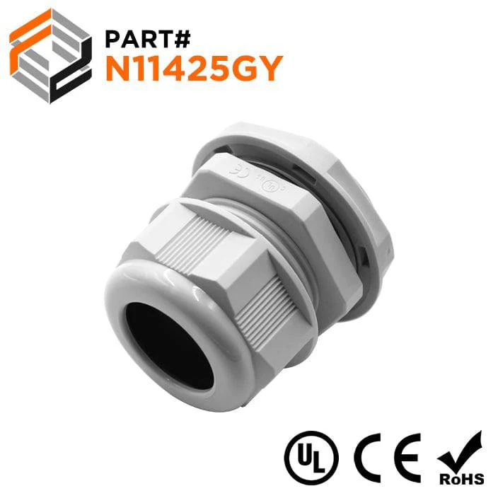 N11425GY - 1-1/4" NPT Thread Nylon Cable Gland, Gray, Range: 11/16" to 1", UL Listed, IP68, IP69K - 1 Piece