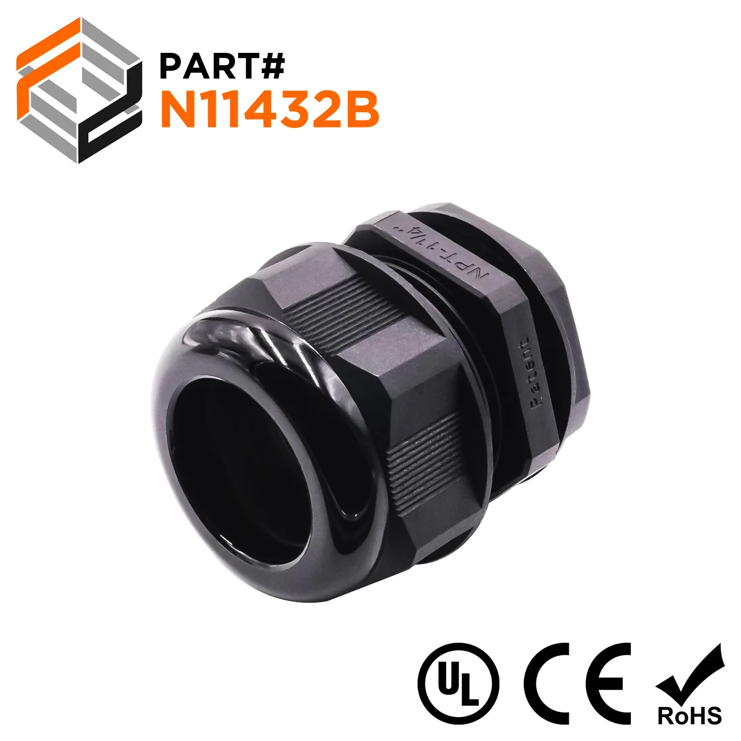 N11432B - 1 1/4" NPT Thread Nylon Cable Gland, Black, Range: 7/8" to 1-1/4", UL Listed, IP68, IP69K - 1 Piece