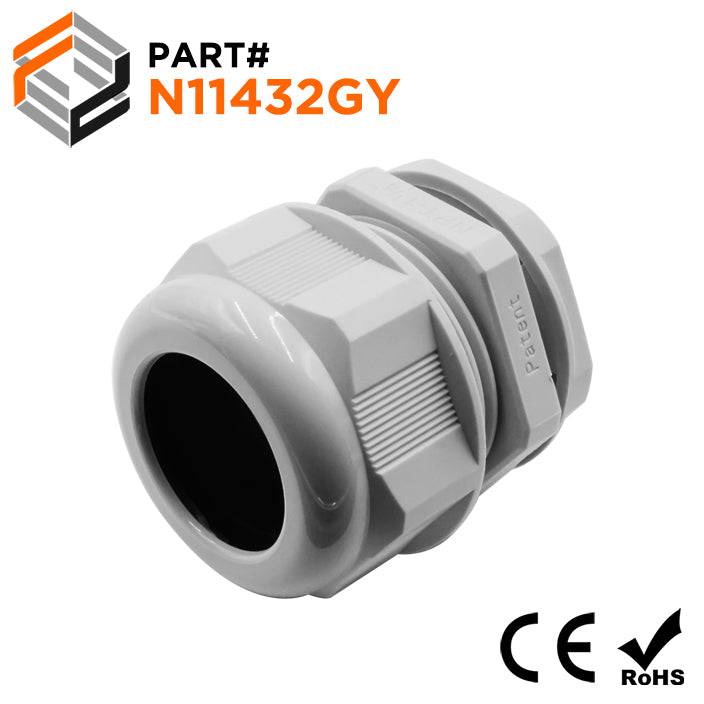 N11432GY - 1-1/4" NPT Thread Nylon Cable Gland, Gray, Range: 7/8" to 1-1/4", UL Listed, IP68, IP69K - 1 Piece