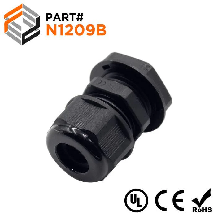 N1209B - 1/2" NPT Thread Nylon Cable Gland, Black, Range: 3/16" to 3/8", UL Listed, IP68, IP69K - 1 Piece