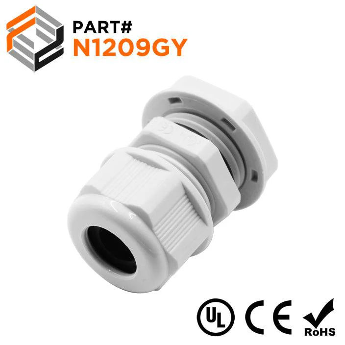 N1209GY - 1/2" NPT Thread Nylon Cable Gland, Gray, Range: 3/16" to 3/8", UL Listed, IP68, IP69K - 1 Piece