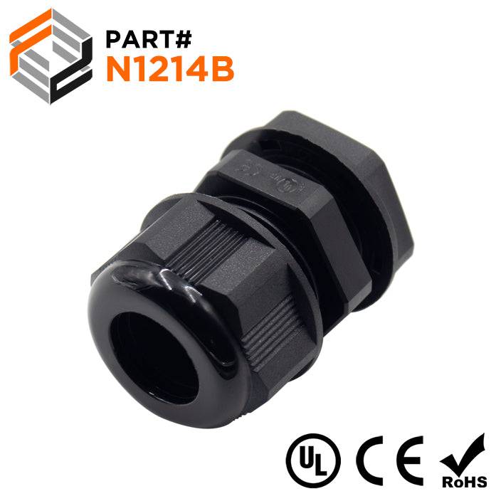 N1214B - 1/2" NPT Thread Nylon Cable Gland, Black, Range: 3/8" to 9/16", UL Listed, IP68, IP69K - 1 Piece