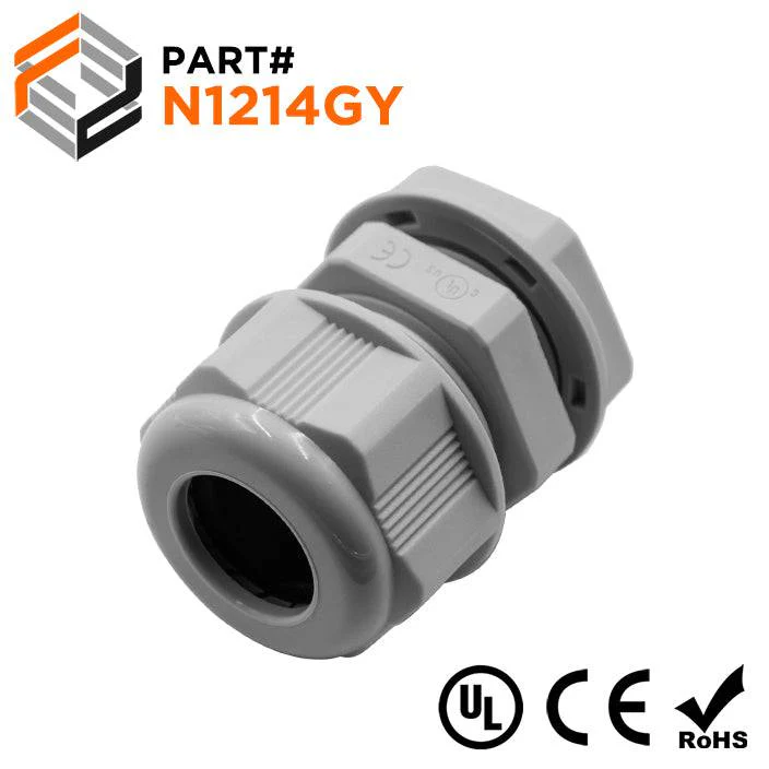 N1214GY - 1/2" NPT Thread Nylon Cable Gland, Gray, Range: 3/8" to 9/16", UL Listed, IP68, IP69K - 1 Piece