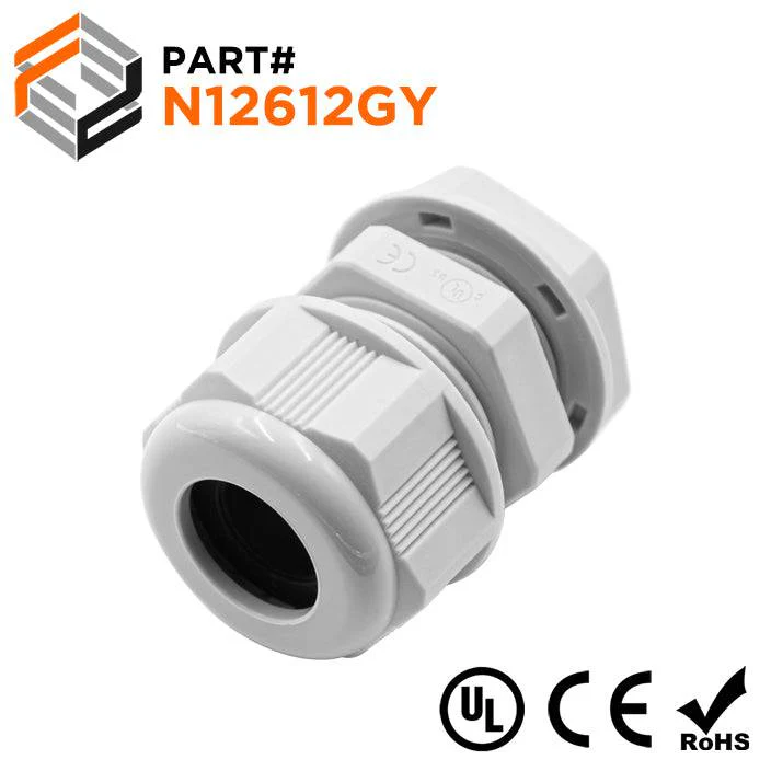N12612GY - 1/2" NPT Thread Nylon Cable Gland, Gray, Range: 1/4" to 1/2", UL Listed, IP68, IP69K - 1 Piece