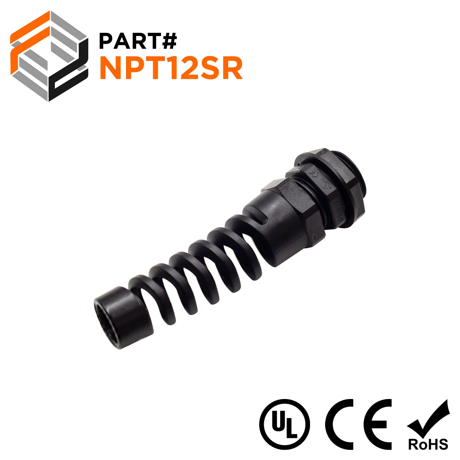 N12612SRB - 1/2" NPT Thread Nylon Cable Gland with Strain Relief, Black, Range: 1/4" to 1/2", UL Listed, IP68, IP69K - 1 Piece