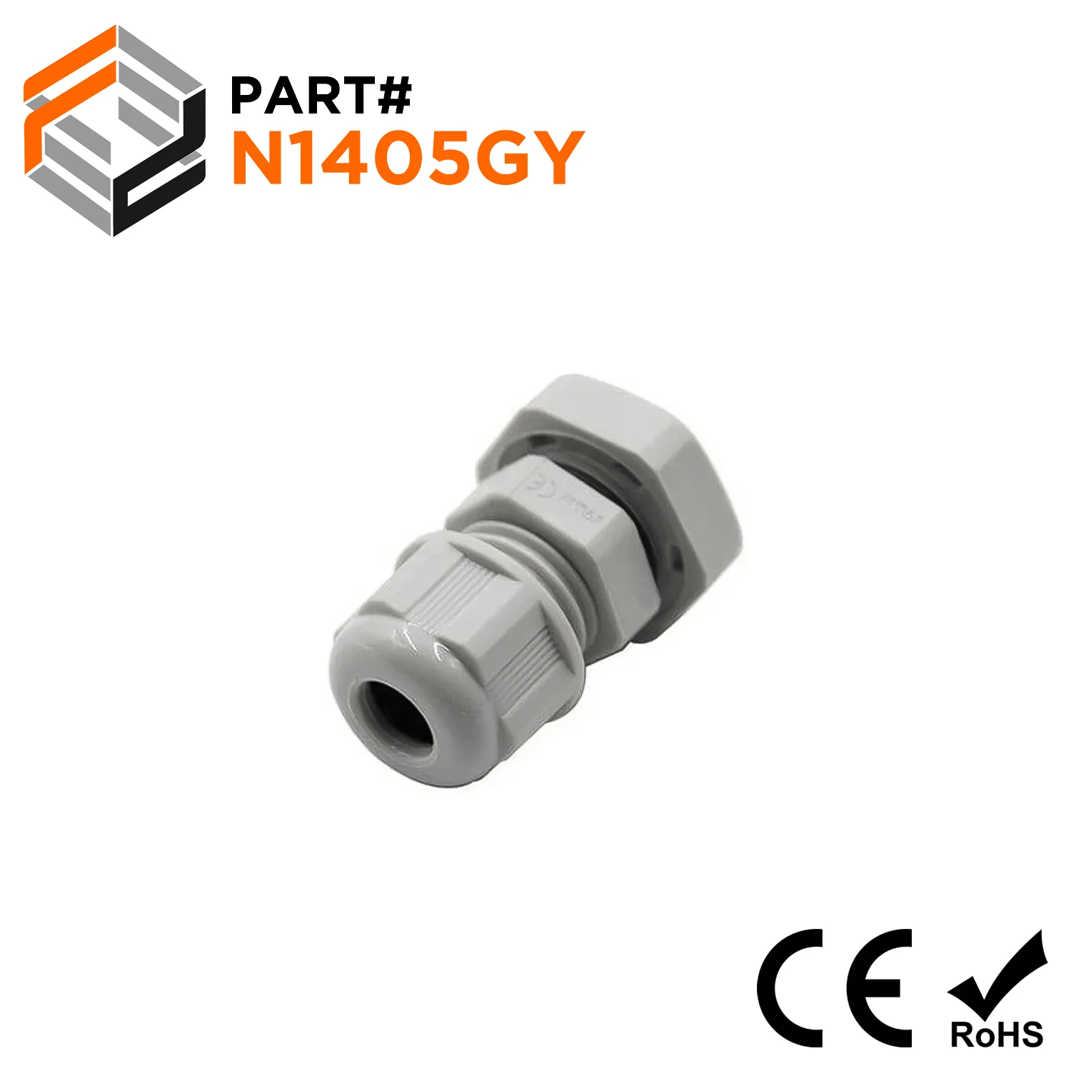 N1405GY - 1/4" NPT Thread Nylon Cable Gland, Gray, Range: 1/16" to 3/16", IP68, IP69K - 1 Piece