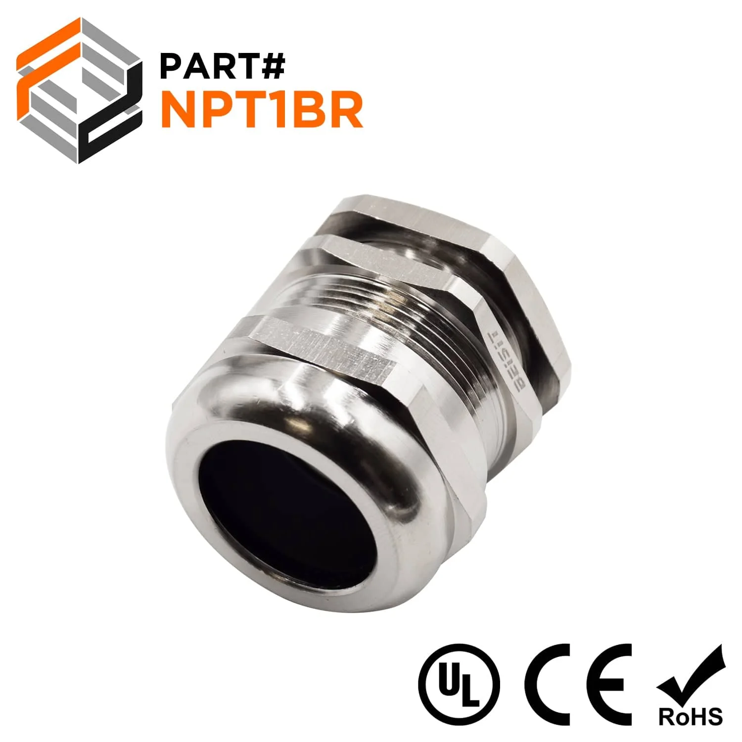 N10025BR - 1" NPT Thread Plated Brass Cable Gland, Range: 11/16" to 1", UL Listed, IP68, IP69K - 1 Piece