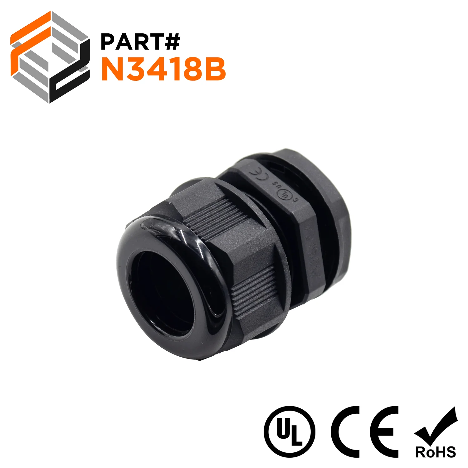N3418B - 3/4" NPT Thread Nylon Cable Gland, Black, Range: 1/2" to 11/16", UL Listed, IP68, IP69K - 1 Piece
