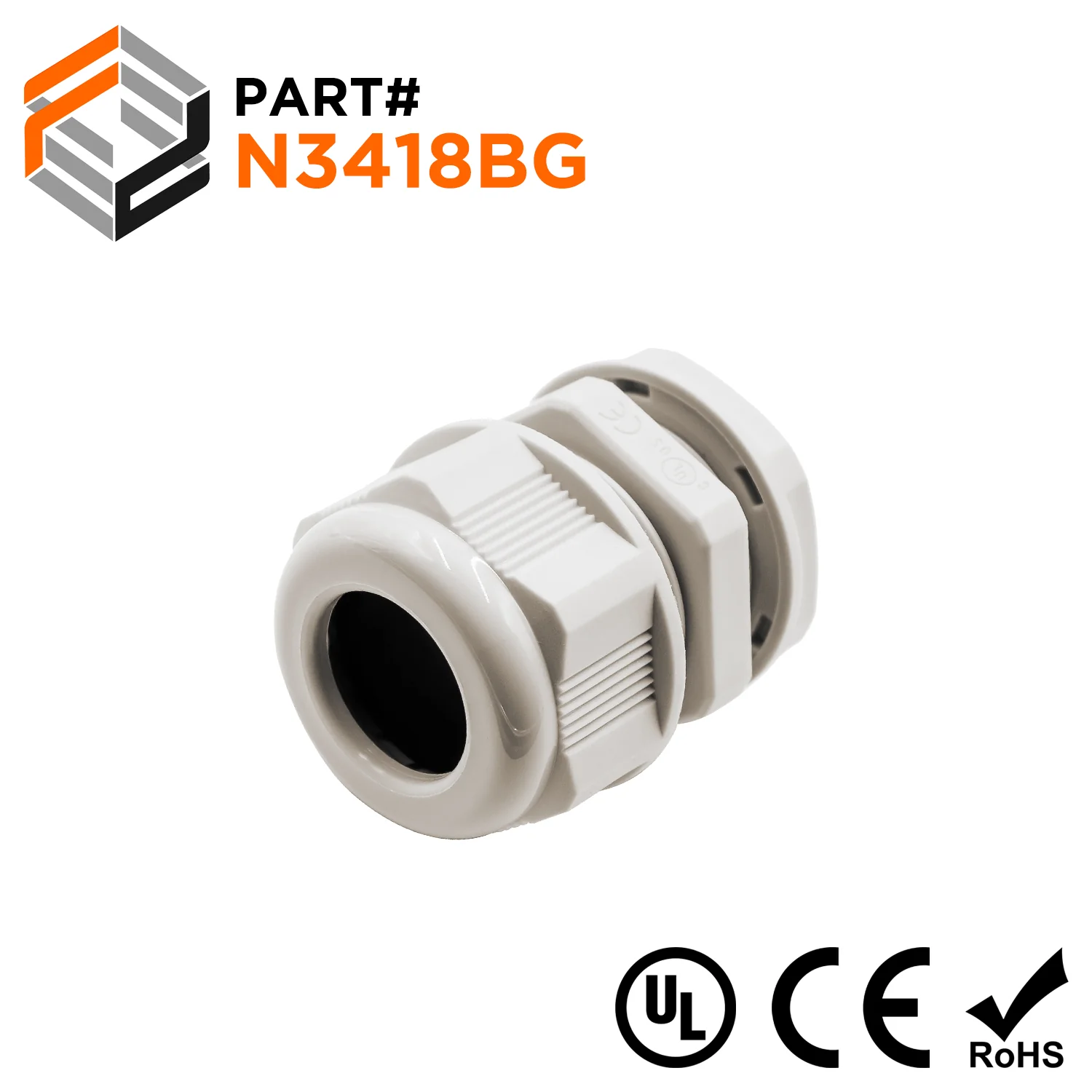 N3418BG - 3/4" NPT Thread Nylon Cable Gland, Beige, Range: 1/2" to 11/16", UL Listed, IP68, IP69K - 1 Piece