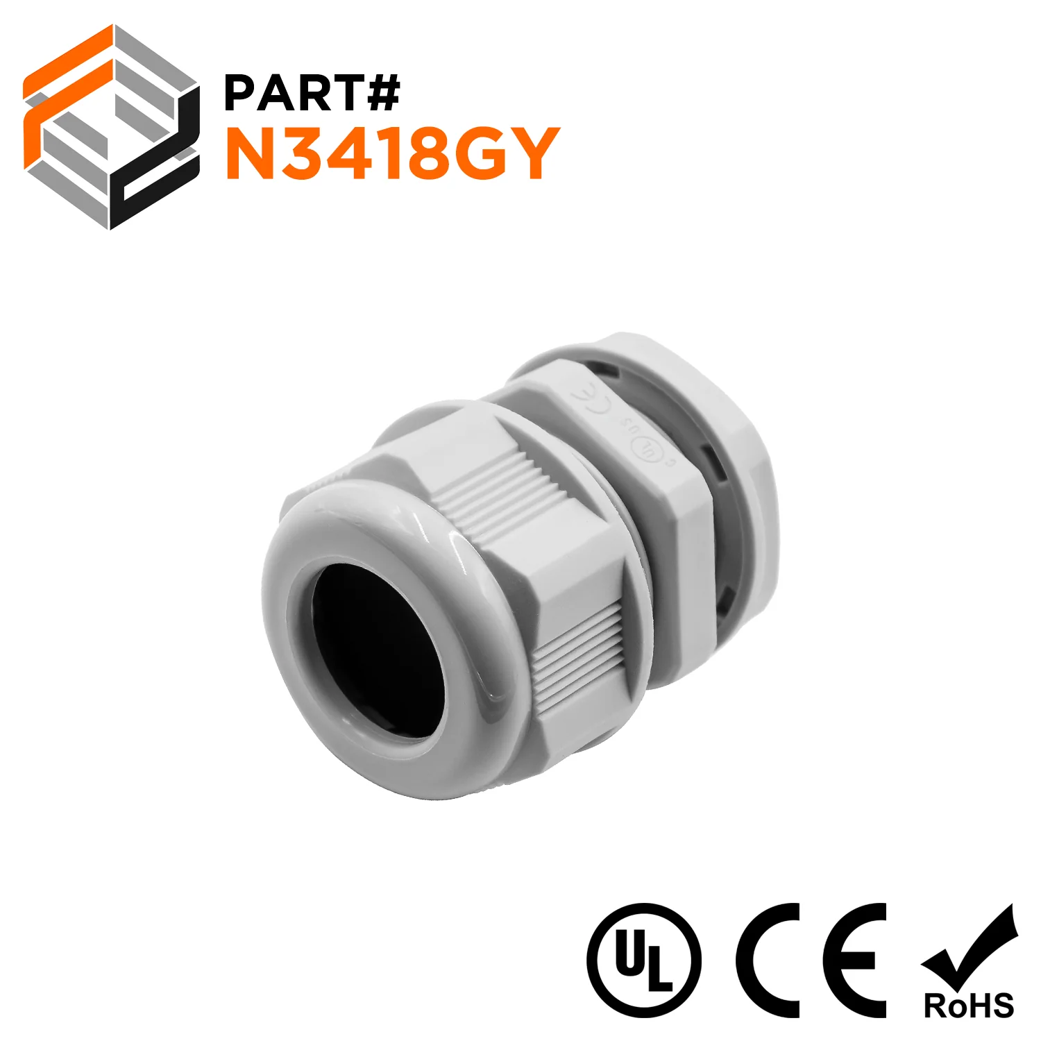 N3418GY - 3/4" NPT Thread Nylon Cable Gland, Gray, Range: 1/2" to 11/16", UL Listed, IP68, IP69K - 1 Piece