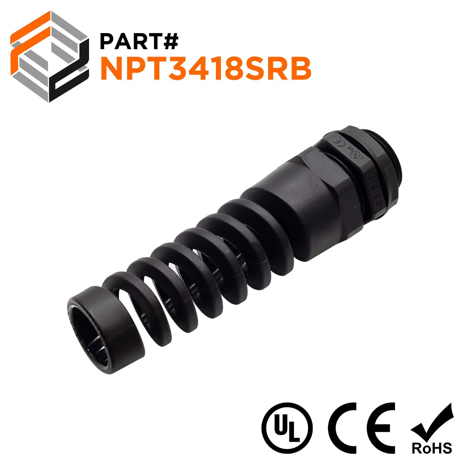 N3418SRB - 3/4" NPT Thread Nylon Flexible Cable Gland, Black, Range: 1/2" to 11/16", UL Listed, IP68, IP69K - 1 Piece