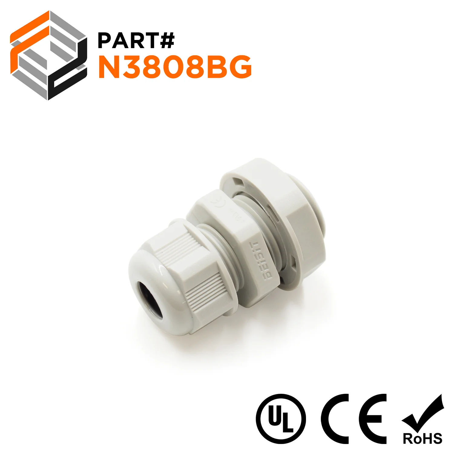 N3808BG - 3/8" NPT Thread Nylon Cable Gland, Beige, Range: 3/16" to 5/16", UL Listed, IP68, IP69K - 1 Piece