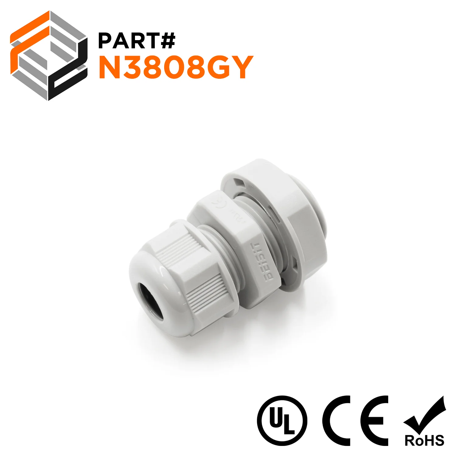 N3808GY - 3/8" NPT Thread Nylon Cable Gland, Gray, Range: 3/16" to 5/16", UL Listed, IP68, IP69K - 1 Piece