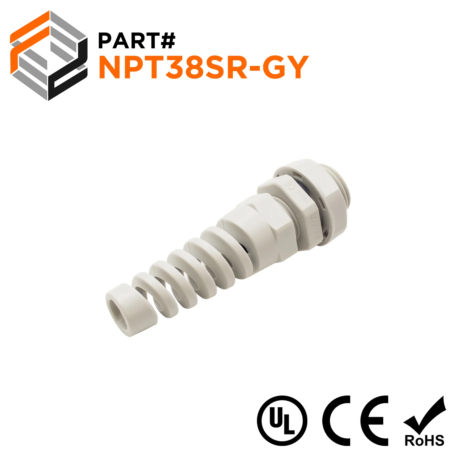 N3808SRGY - 3/8" NPT Thread Nylon Cable Gland with Strain Relief, Gray, Range: 3/16" to 5/16", UL Listed, IP68, IP69K - 1 Piece