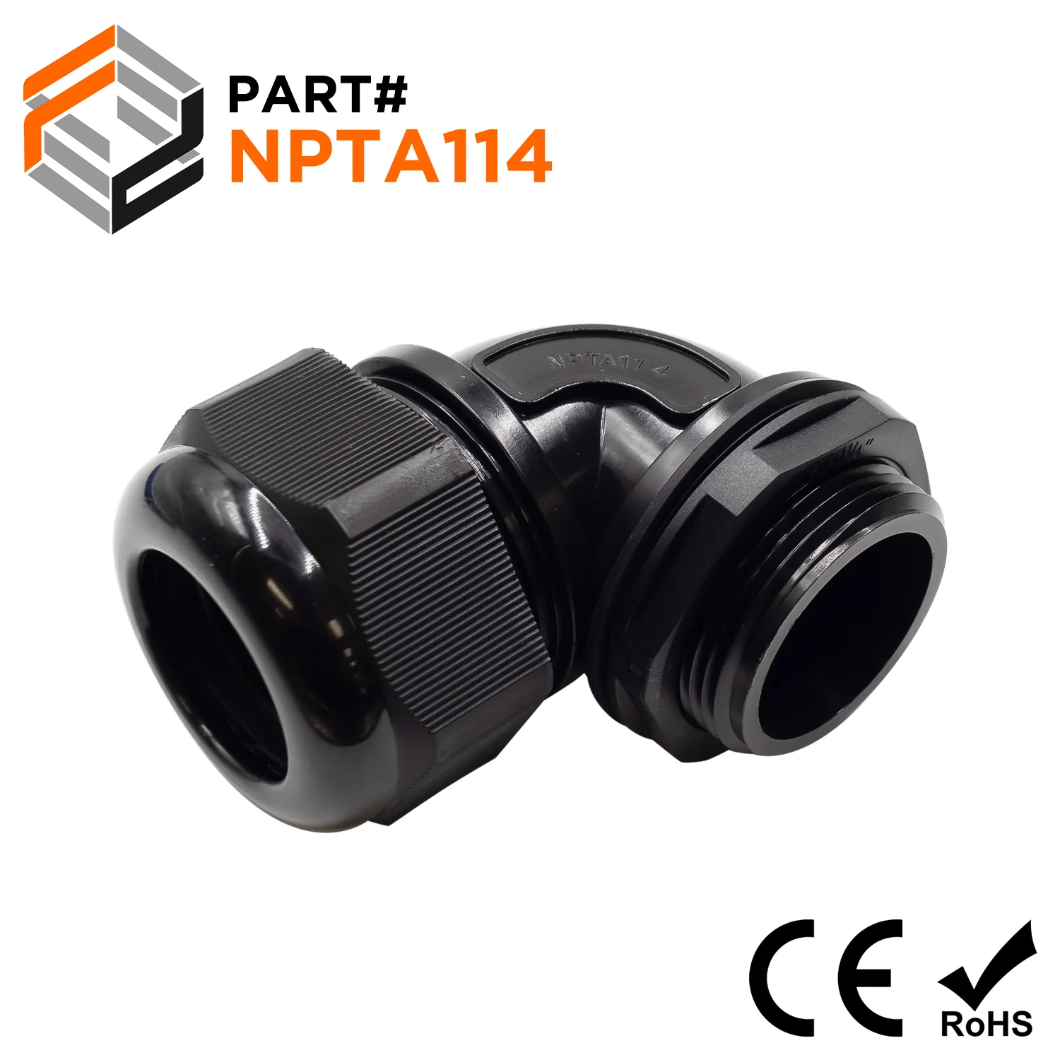 NPTA114 - 1-1/4" NPT Thread Nylon Cable Gland, Black, Right Angle, IP68, Range: 22-29mm, 1 Piece