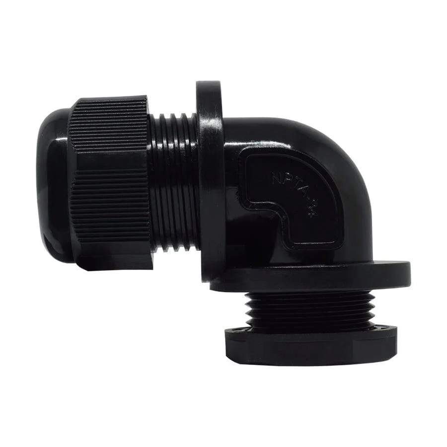 NPTA34-BK - 3/4" NPT Thread Nylon Cable Gland, Black, Right Angle, IP68, 13-16mm Range, 1 Piece