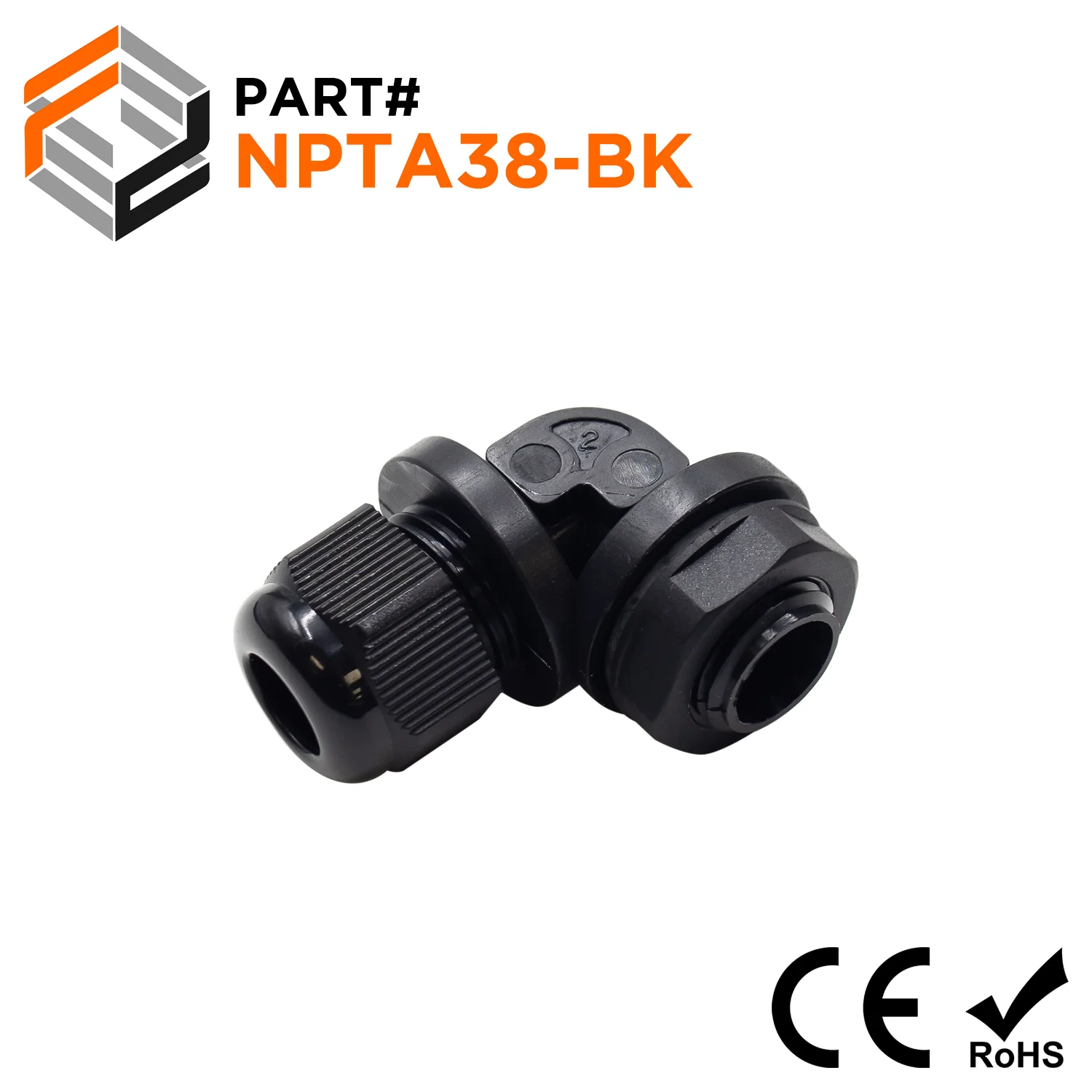 NPTA38-BK - 3/8" NPT Thread Nylon Cable Gland, Black, Right Angle, IP68, 5-9mm Range, 1 Piece