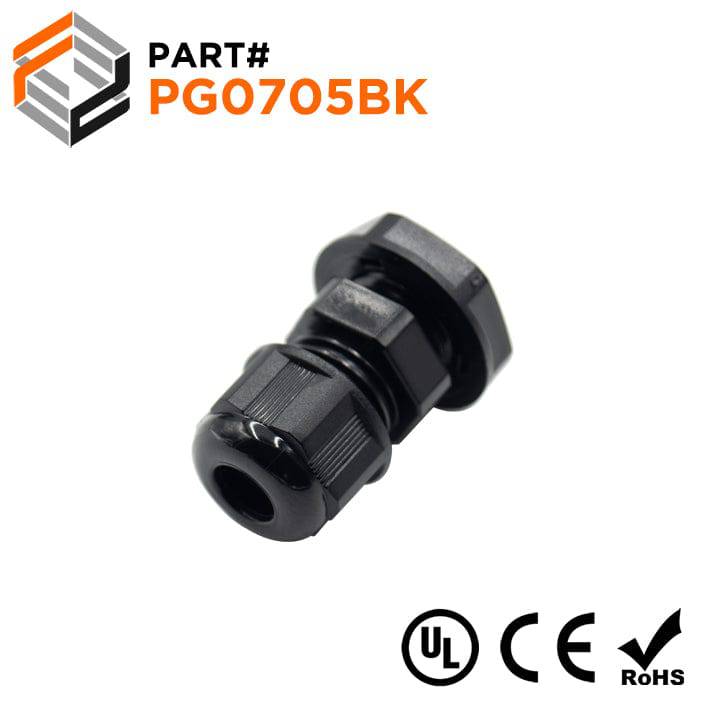 P0705B - PG7 Thread Nylon Cable Gland, Black, Range: 1/16" to 3/16", UL Listed, IP68, IP69K - 1 Piece