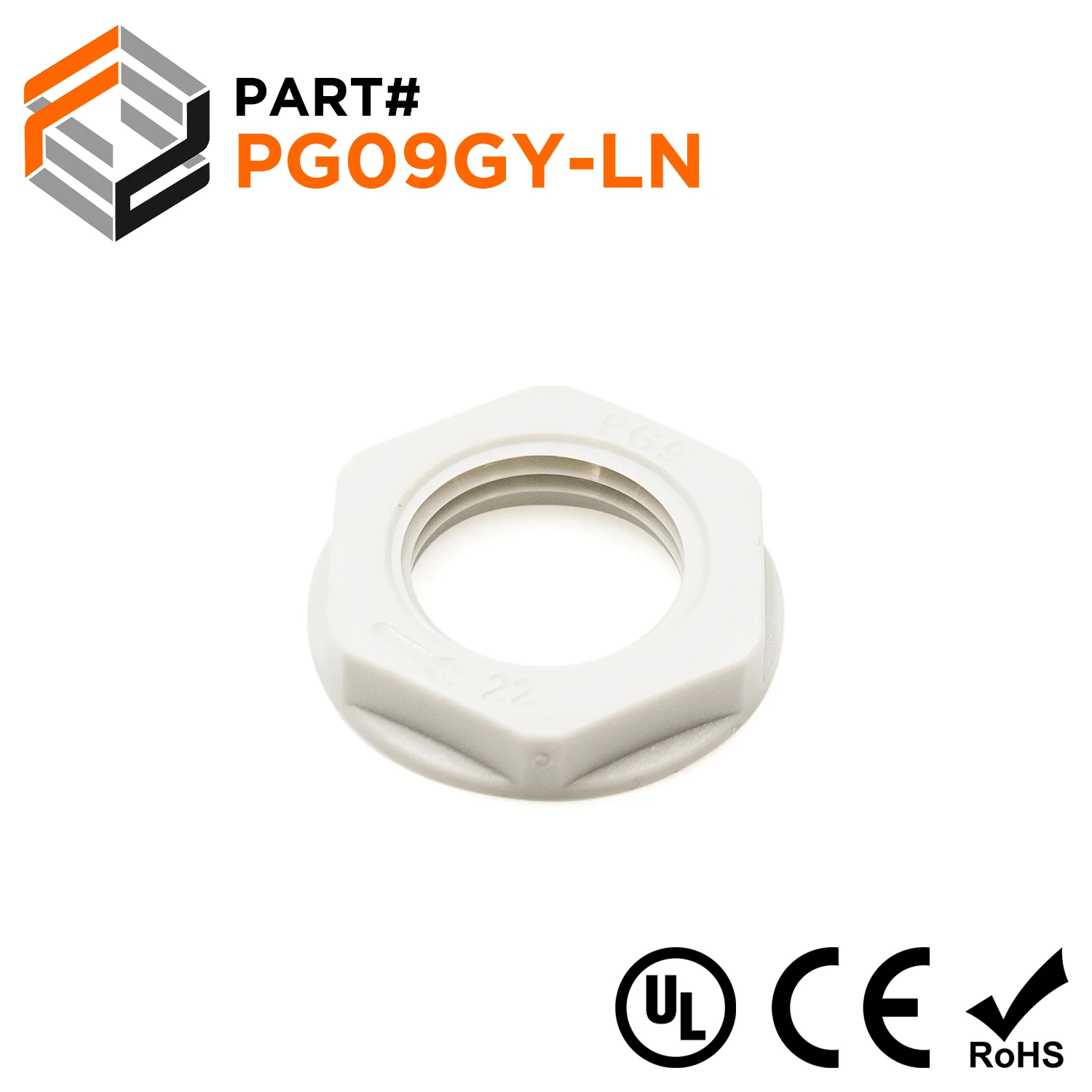 PG9 Thread Nylon Lock Nut for PG Cable Glands, Gray, UL Approved, 1 Piece - PG09GY-LN