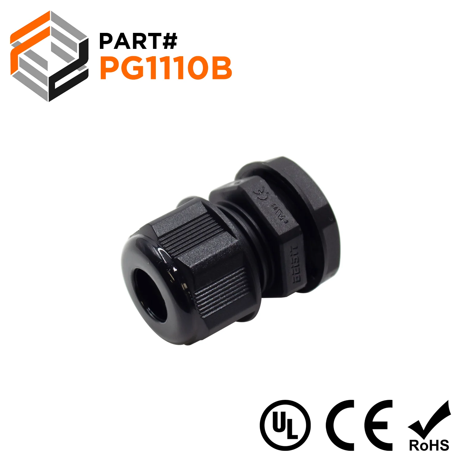 P1110B - PG11 Thread Nylon Cable Gland, Black, Range: 3/16" to 3/8", UL Listed, IP68, IP69K - 1 Piece